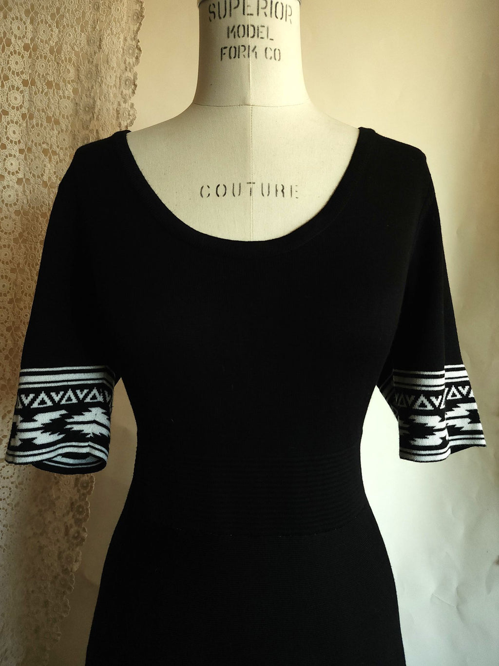 Nina Leonard Black Knit Skater Dress, Size L, Tribal Border Fit and Flare