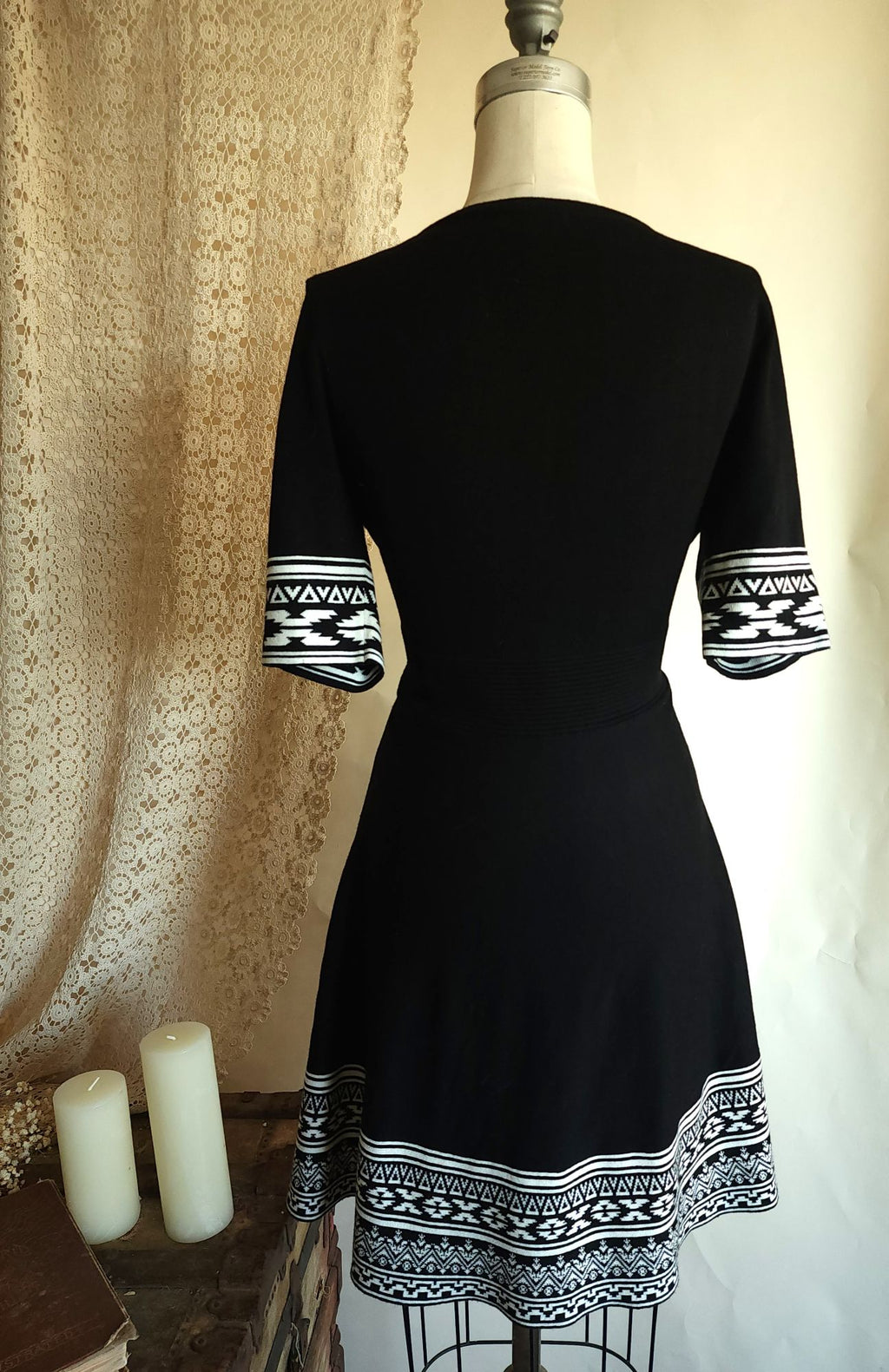 Nina Leonard Black Knit Skater Dress, Size L, Tribal Border Fit and Flare