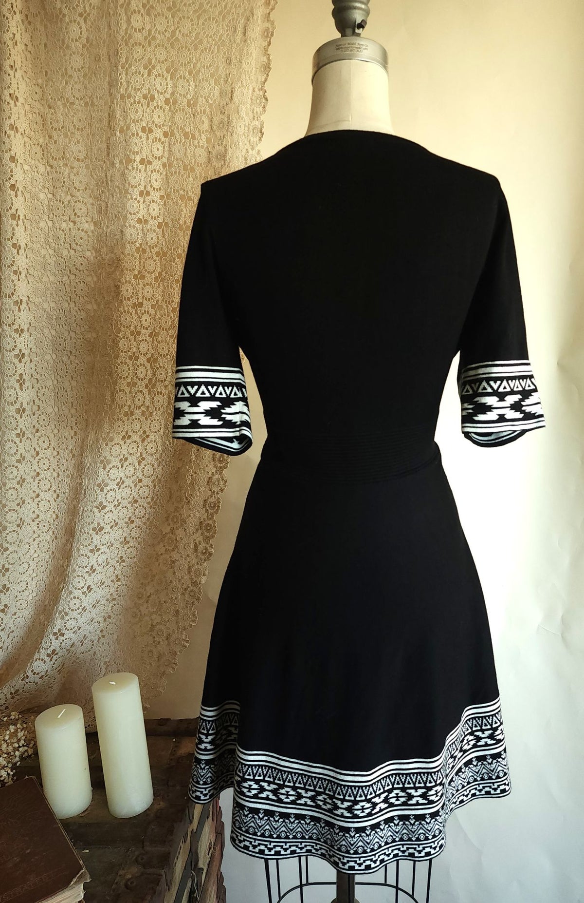 Nina Leonard Black Knit Skater Dress, Size L, Tribal Border Fit and Flare