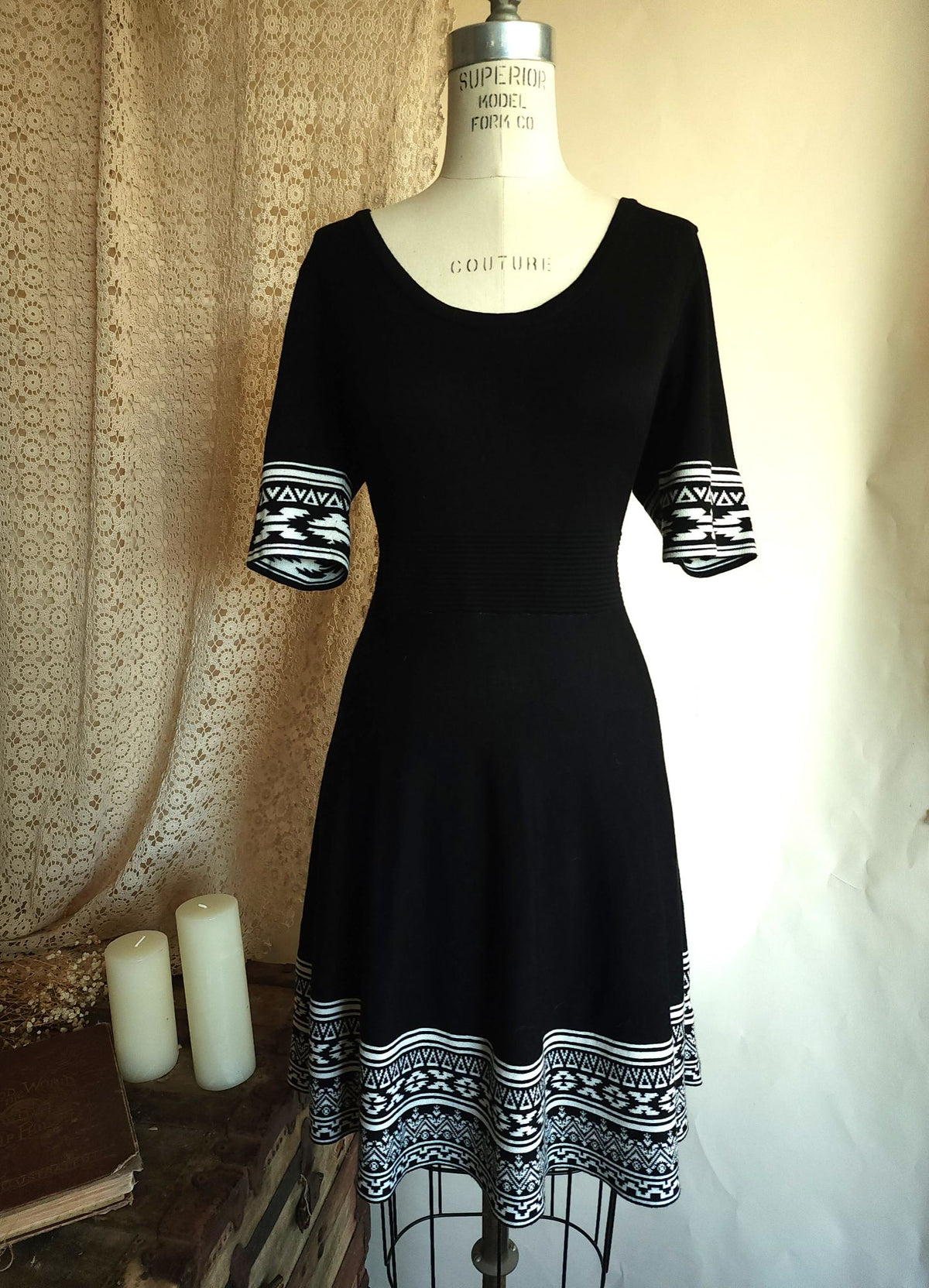 Nina Leonard Black Knit Skater Dress, Size L, Tribal Border Fit and Flare