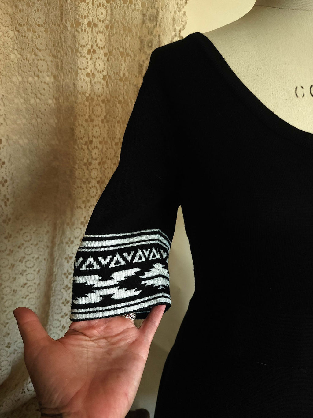 Nina Leonard Black Knit Skater Dress, Size L, Tribal Border Fit and Flare