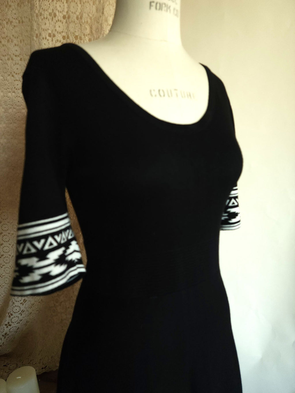 Nina Leonard Black Knit Skater Dress, Size L, Tribal Border Fit and Flare
