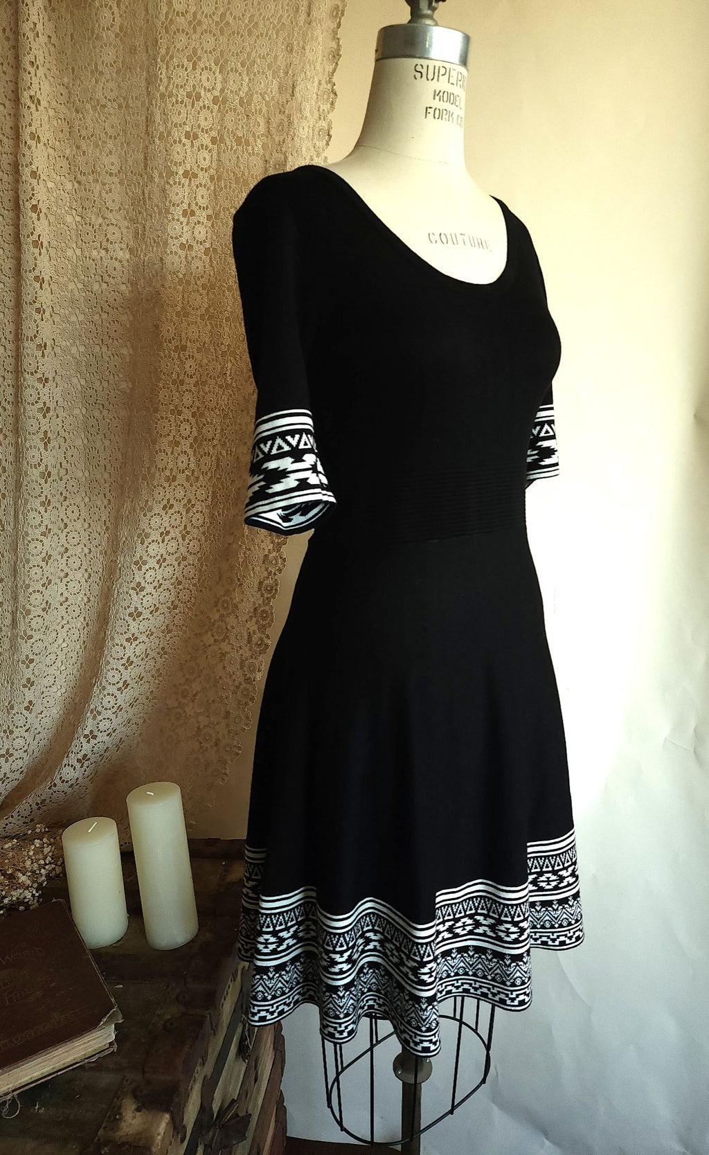Nina Leonard Black Knit Skater Dress, Size L, Tribal Border Fit and Flare