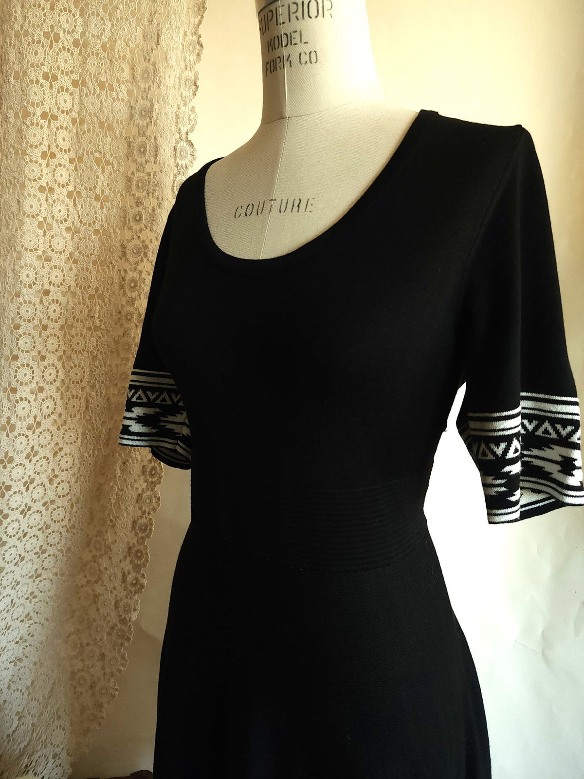 Nina Leonard Black Knit Skater Dress, Size L, Tribal Border Fit and Flare