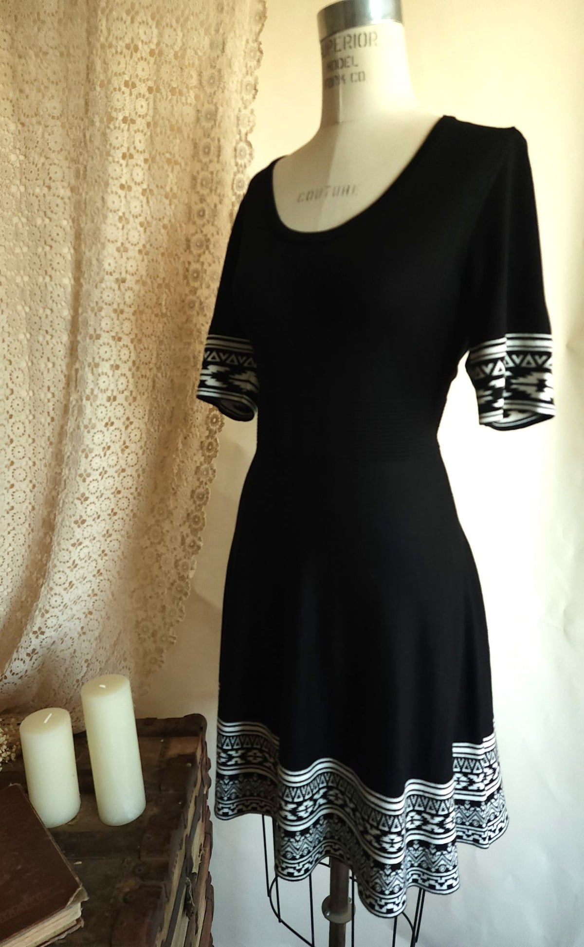 Nina Leonard Black Knit Skater Dress, Size L, Tribal Border Fit and Flare