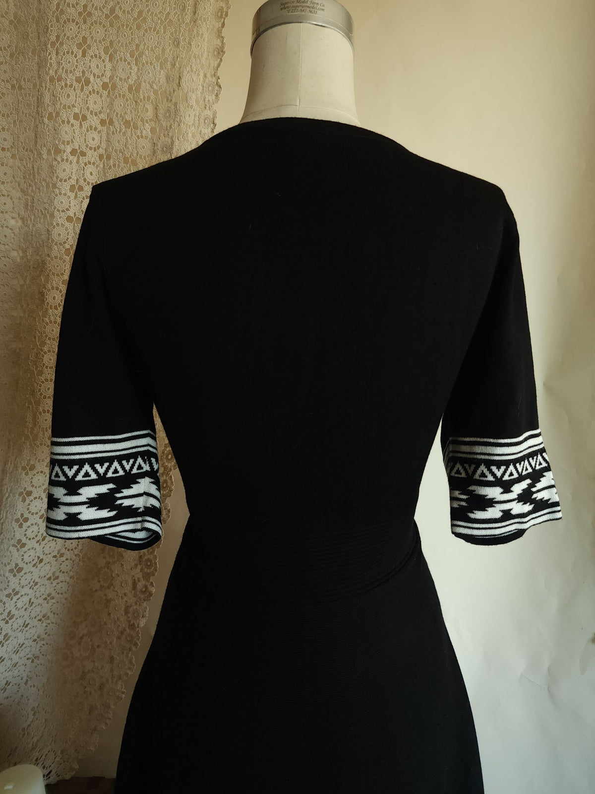 Nina Leonard Black Knit Skater Dress, Size L, Tribal Border Fit and Flare