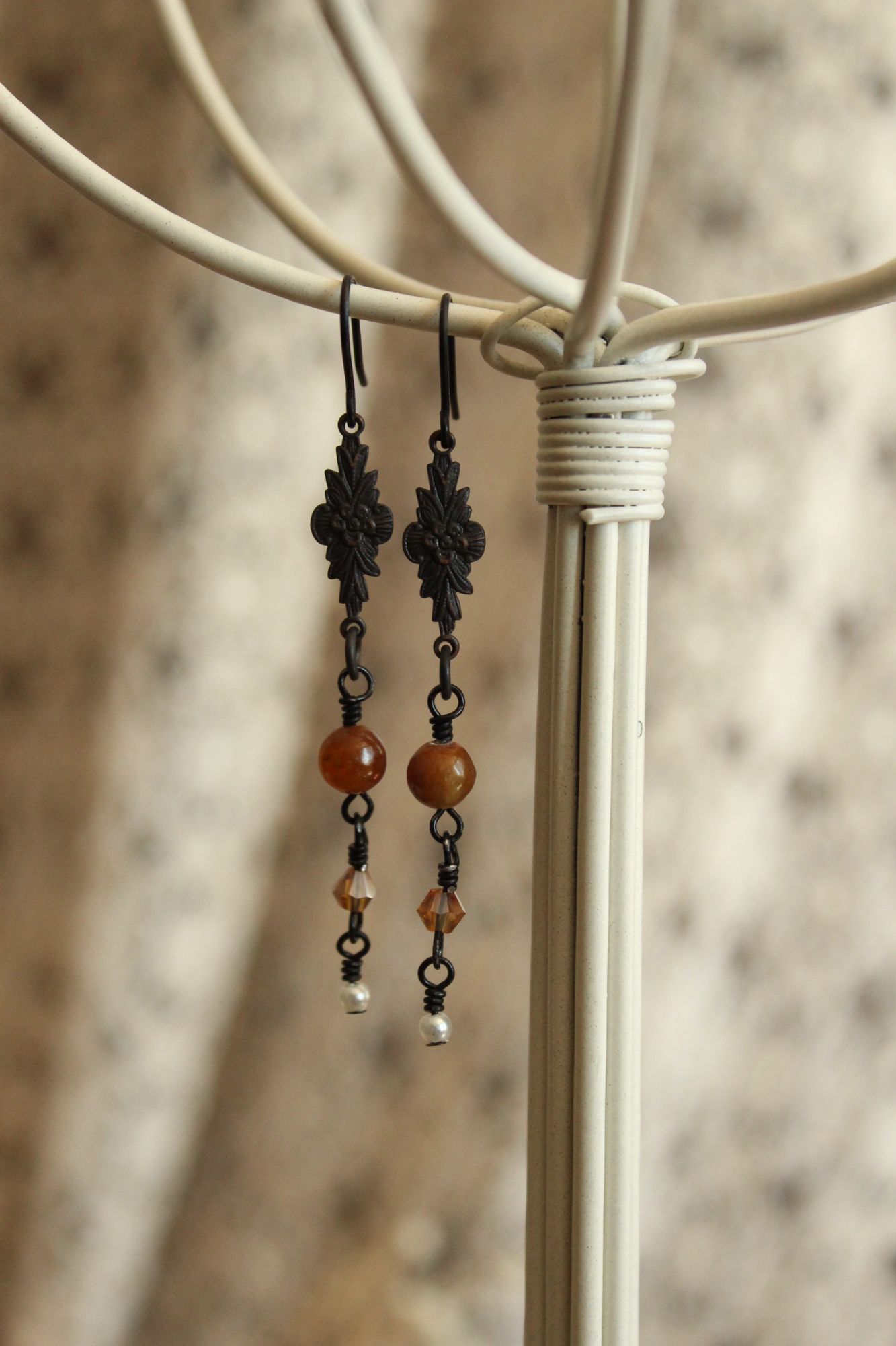 Handmade Women's Earrings, Black Metal with Brown Beads and a Faux Pearl Dangles
