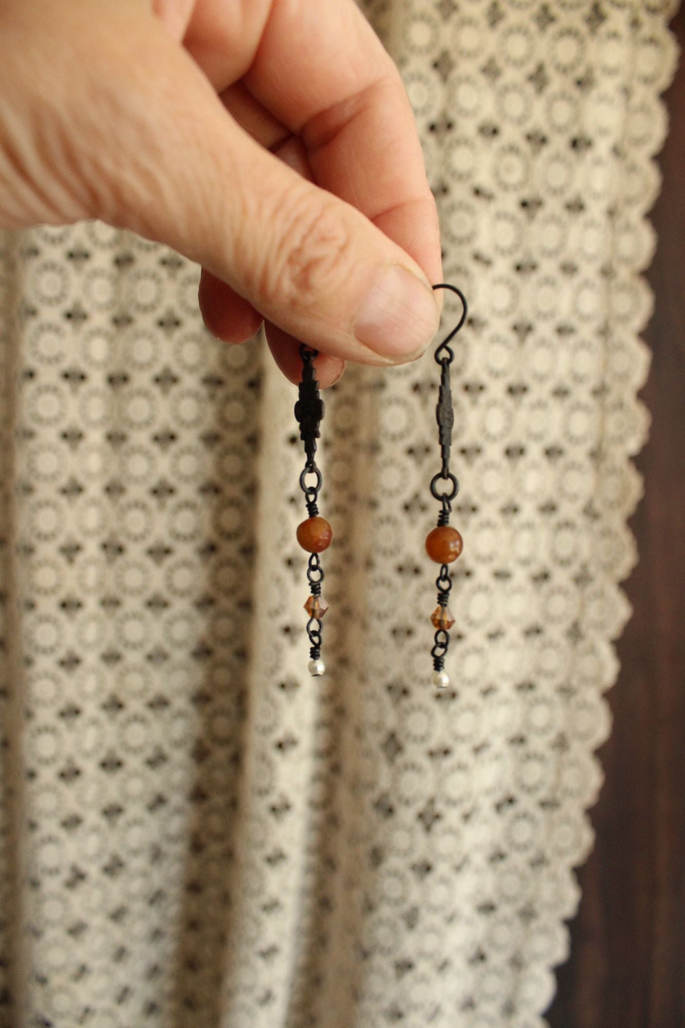Handmade Women's Earrings, Black Metal with Brown Beads and a Faux Pearl Dangles