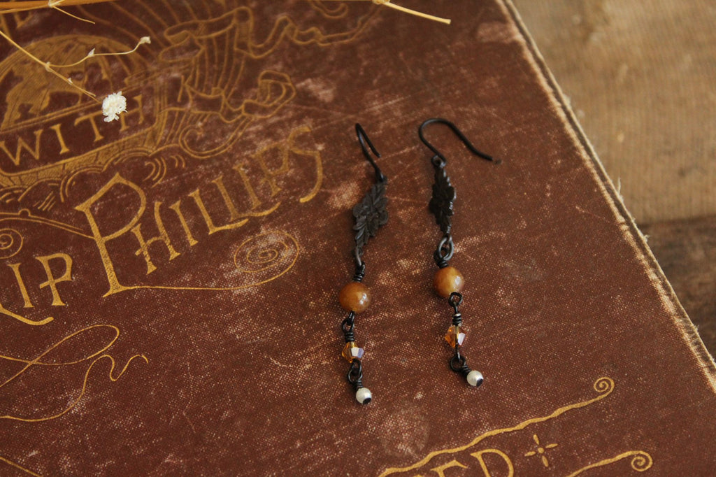 Handmade Women's Earrings, Black Metal with Brown Beads and a Faux Pearl Dangles