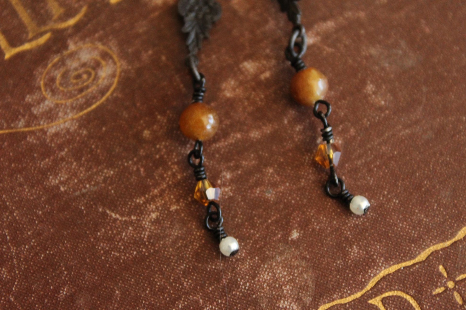 Handmade Women's Earrings, Black Metal with Brown Beads and a Faux Pearl Dangles