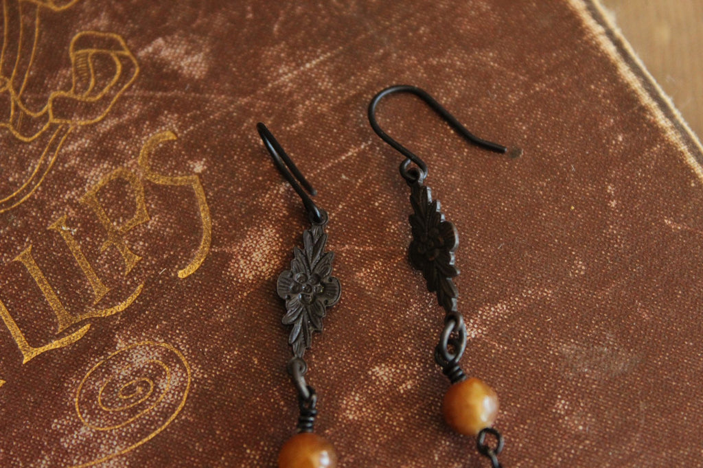 Handmade Women's Earrings, Black Metal with Brown Beads and a Faux Pearl Dangles