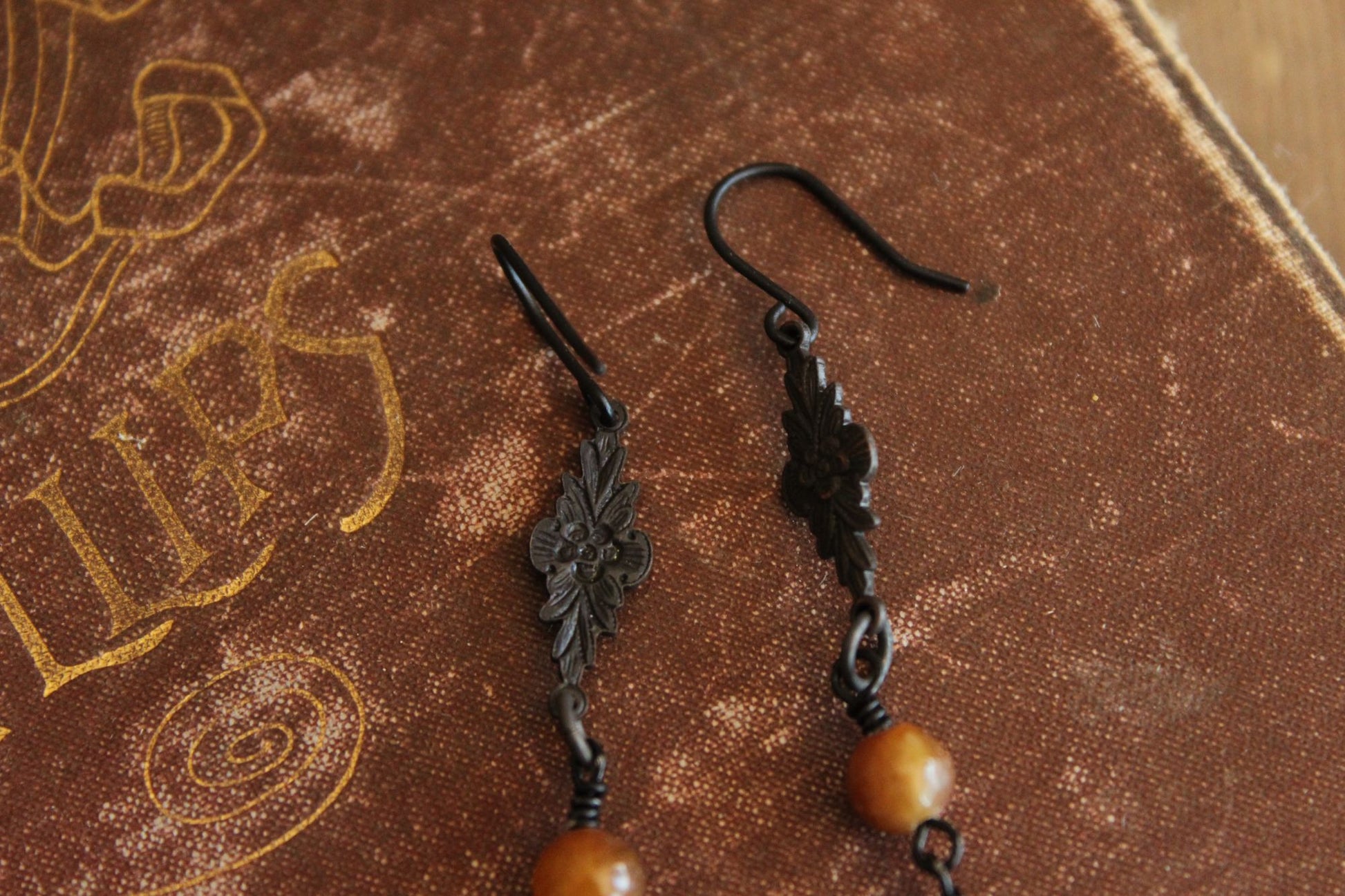 Handmade Women's Earrings, Black Metal with Brown Beads and a Faux Pearl Dangles