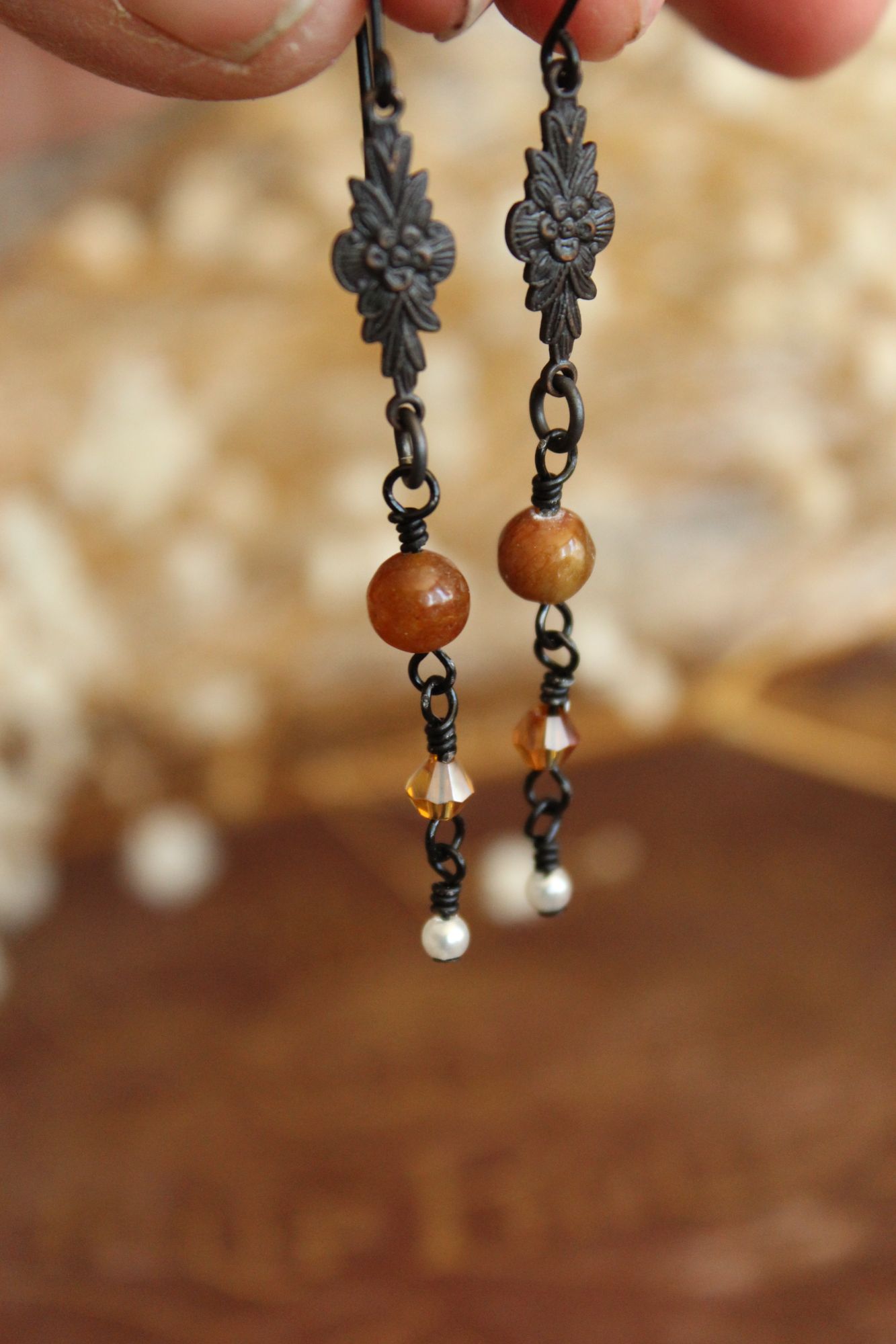 Handmade Women's Earrings, Black Metal with Brown Beads and a Faux Pearl Dangles