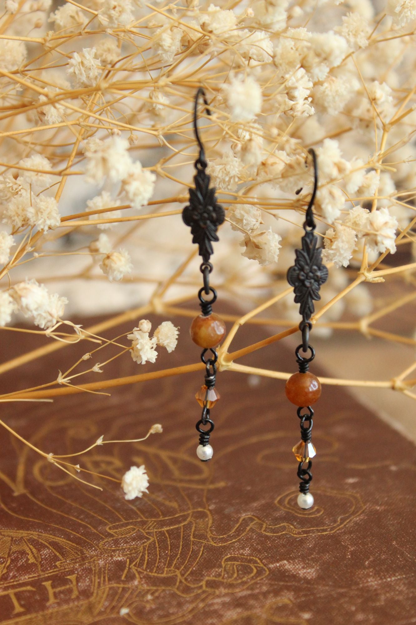 Handmade Women's Earrings, Black Metal with Brown Beads and a Faux Pearl Dangles