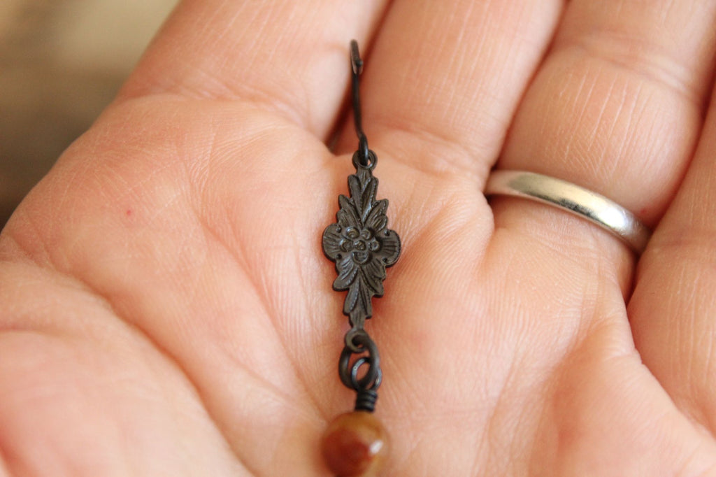 Handmade Women's Earrings, Black Metal with Brown Beads and a Faux Pearl Dangles