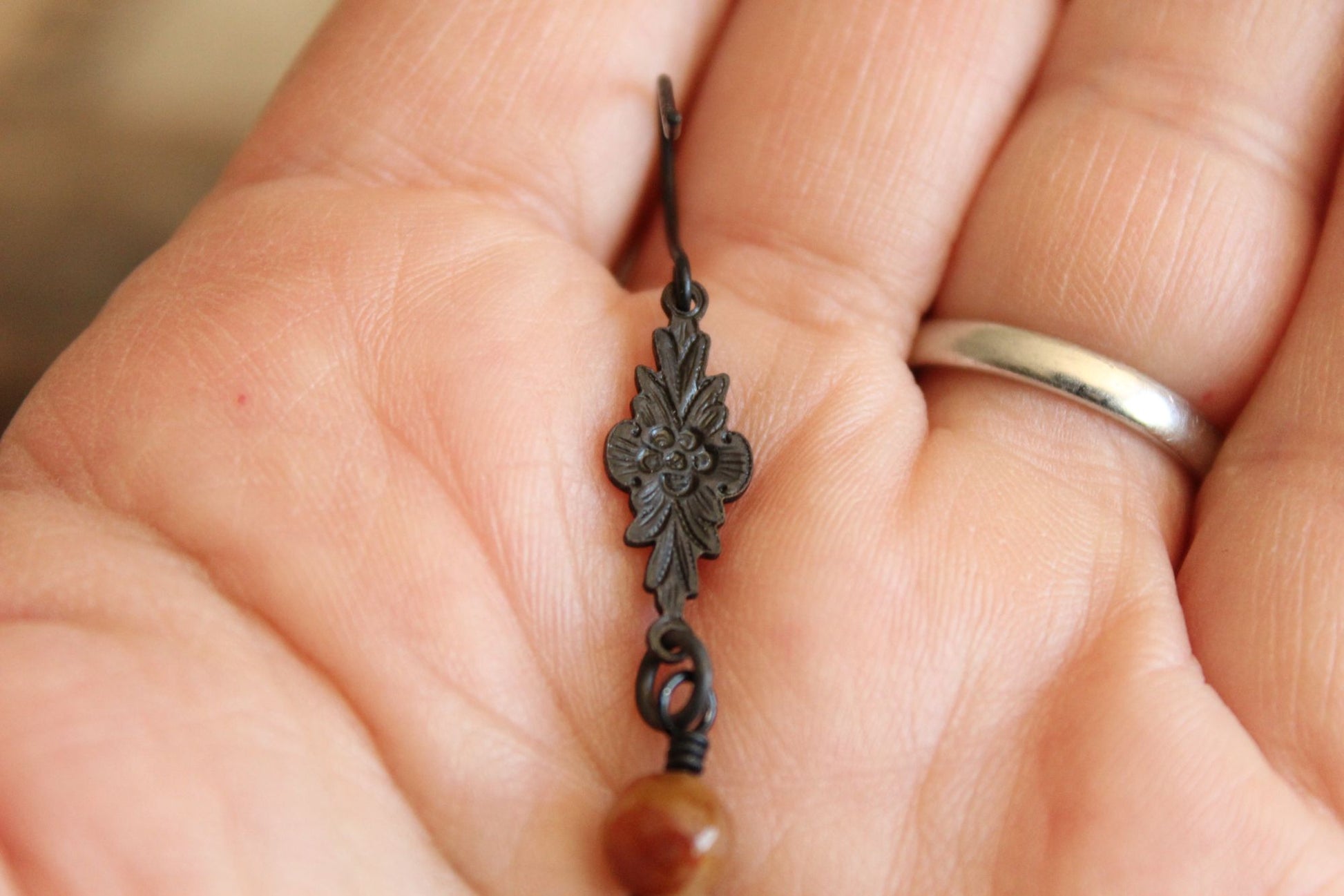 Handmade Women's Earrings, Black Metal with Brown Beads and a Faux Pearl Dangles