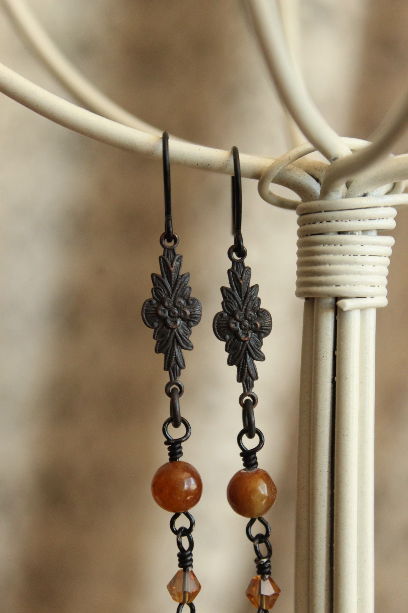 Handmade Women's Earrings, Black Metal with Brown Beads and a Faux Pearl Dangles
