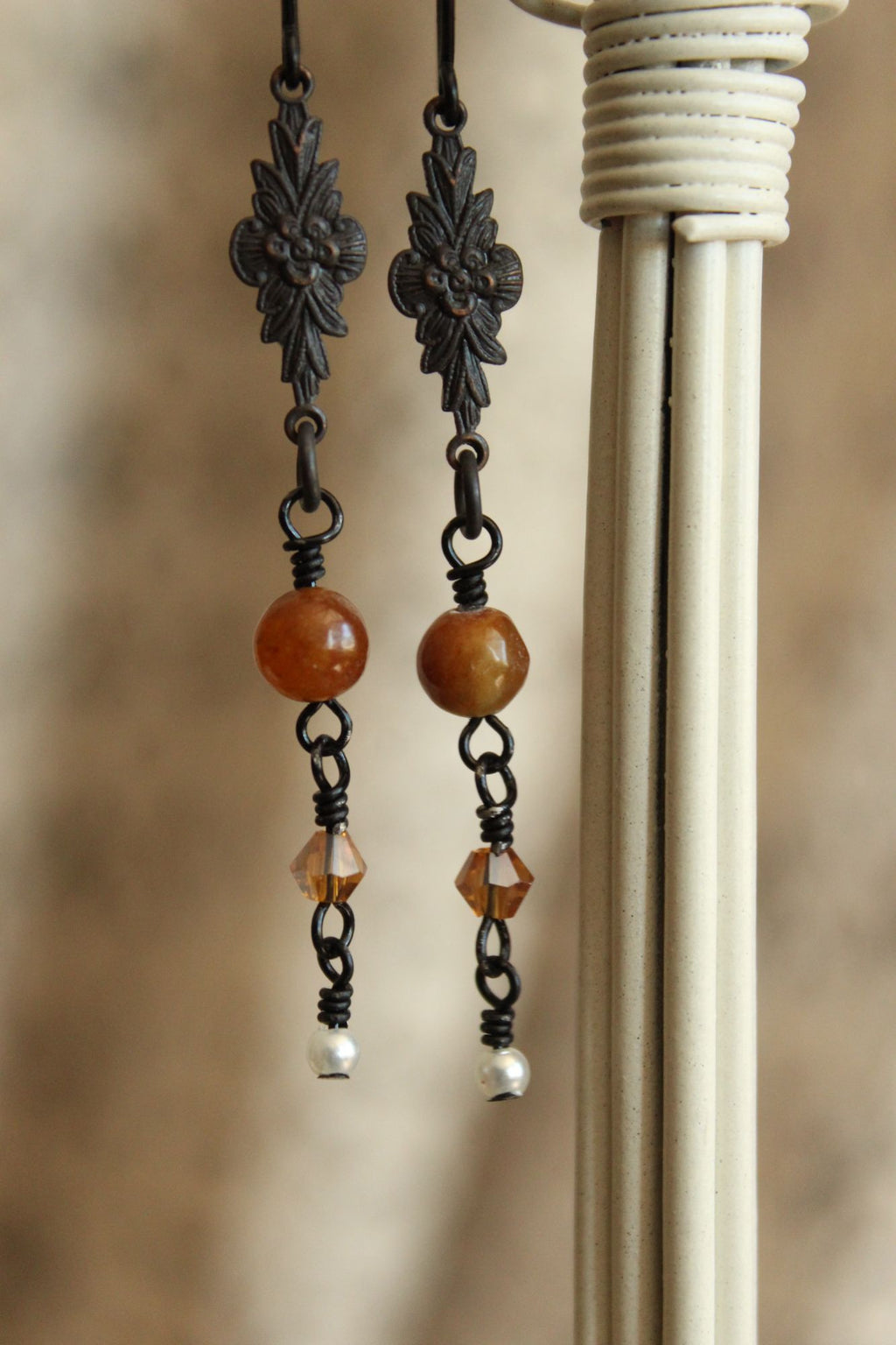 Handmade Women's Earrings, Black Metal with Brown Beads and a Faux Pearl Dangles