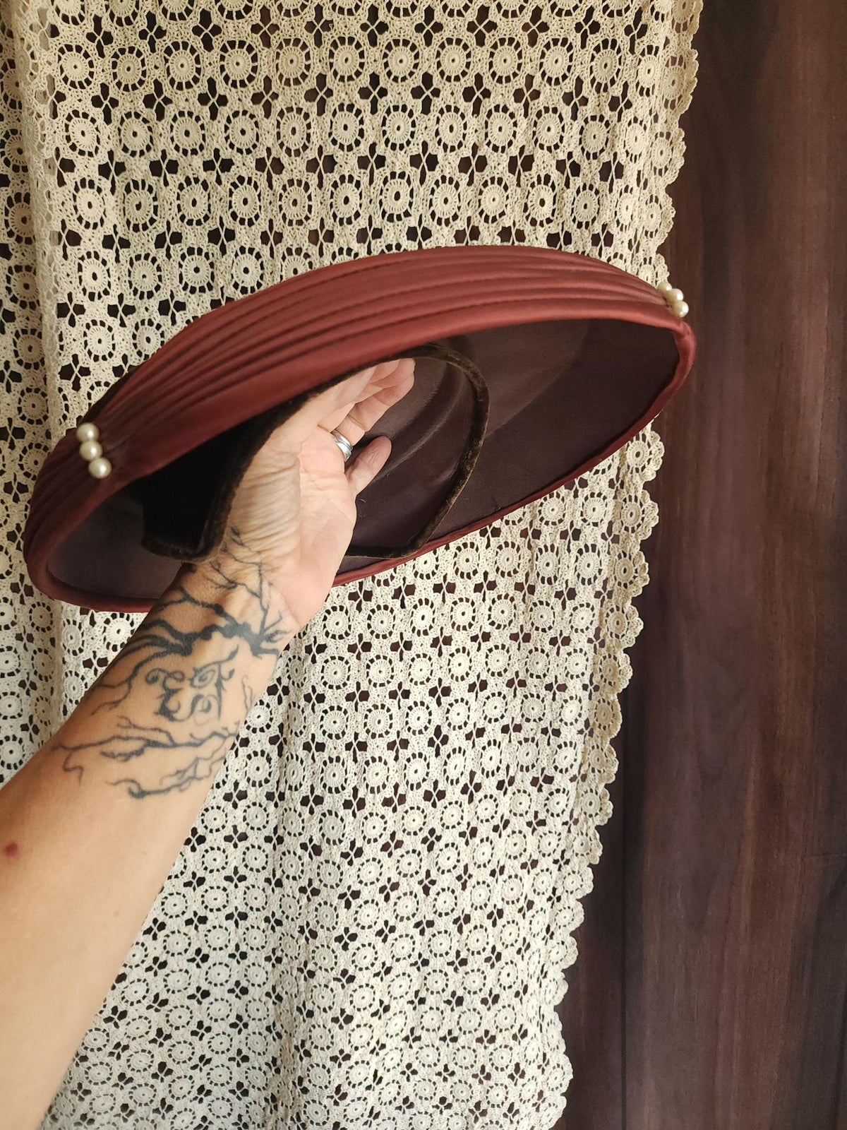 Vintage 1940s Brown Velvet Mushroom Tilt Hat With Faux Pearl Trim