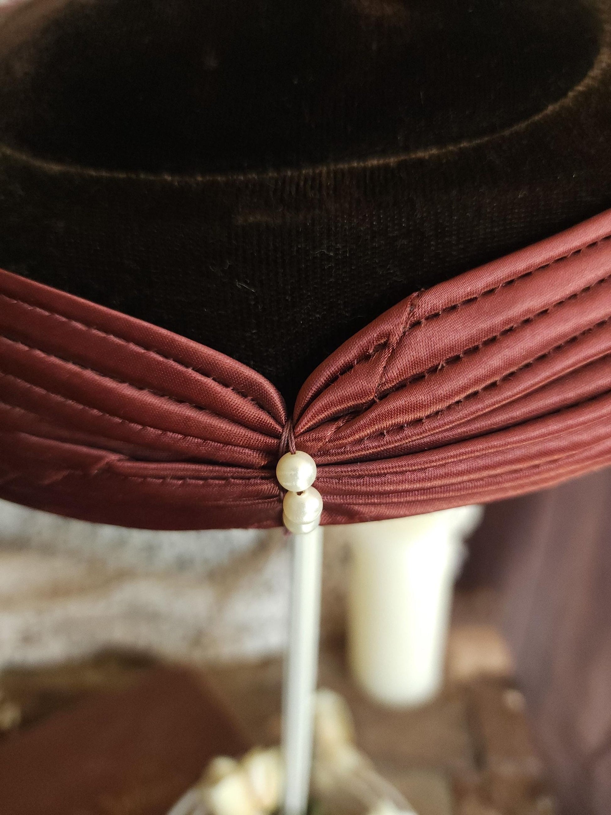 Vintage 1940s Brown Velvet Mushroom Tilt Hat With Faux Pearl Trim