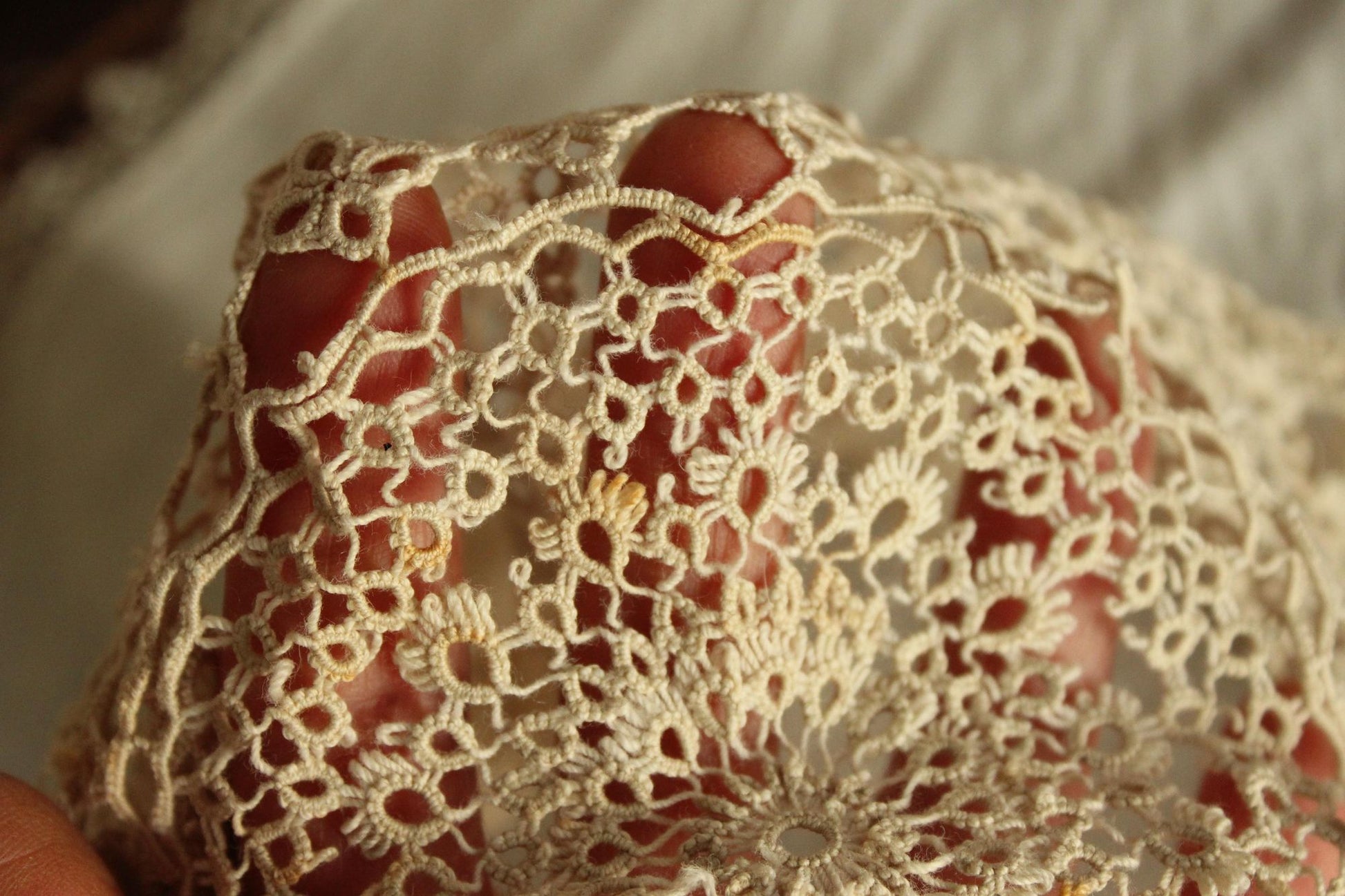 Vintage 1940s Crochet Doily and Linen Table Runner