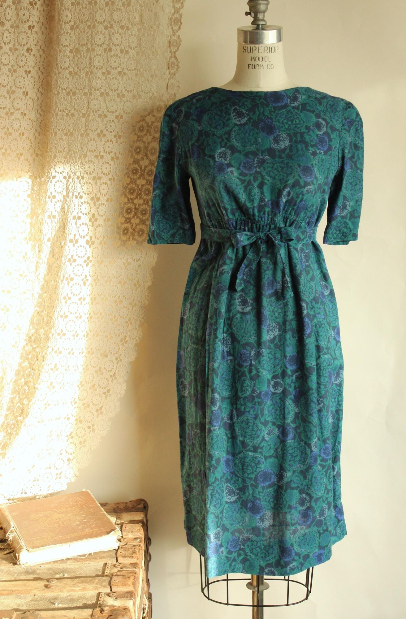Vintage 1940s 1950s Empire Waist Green and Purple Floral Print Dress