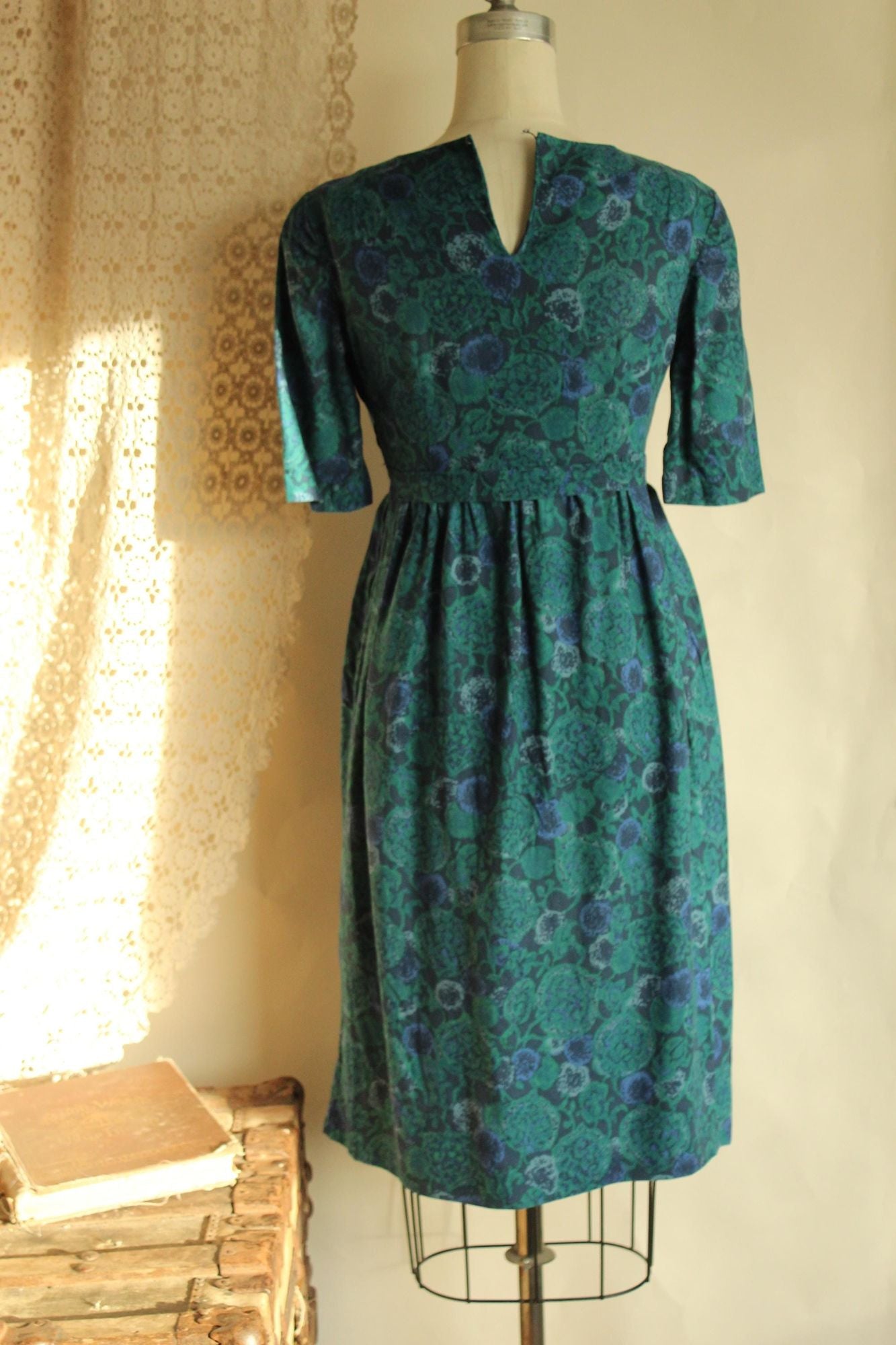 Vintage 1940s 1950s Empire Waist Green and Purple Floral Print Dress