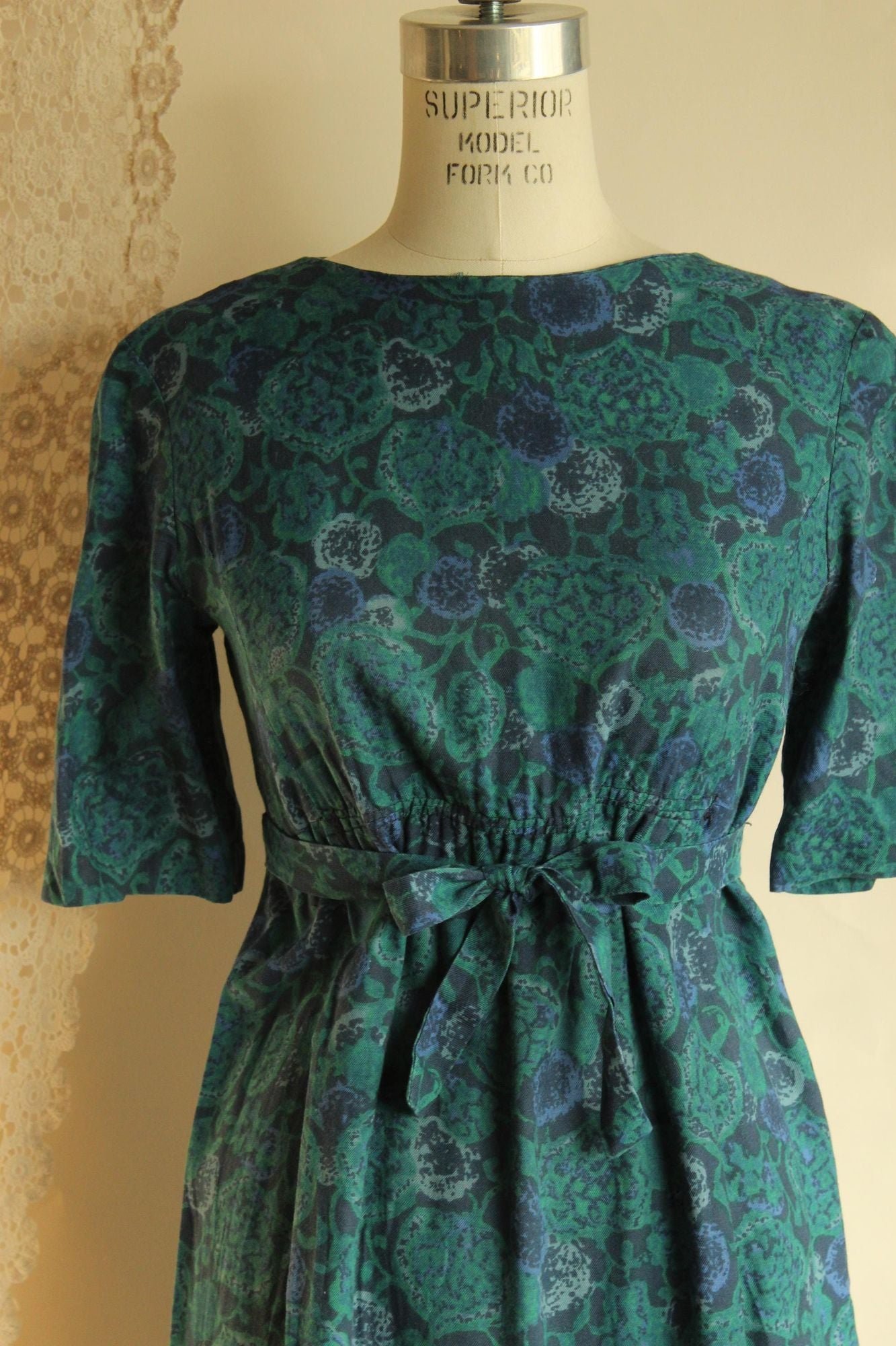 Vintage 1940s 1950s Empire Waist Green and Purple Floral Print Dress