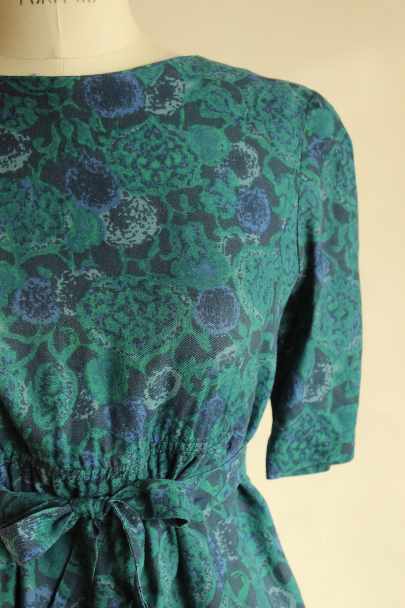 Vintage 1940s 1950s Empire Waist Green and Purple Floral Print Dress