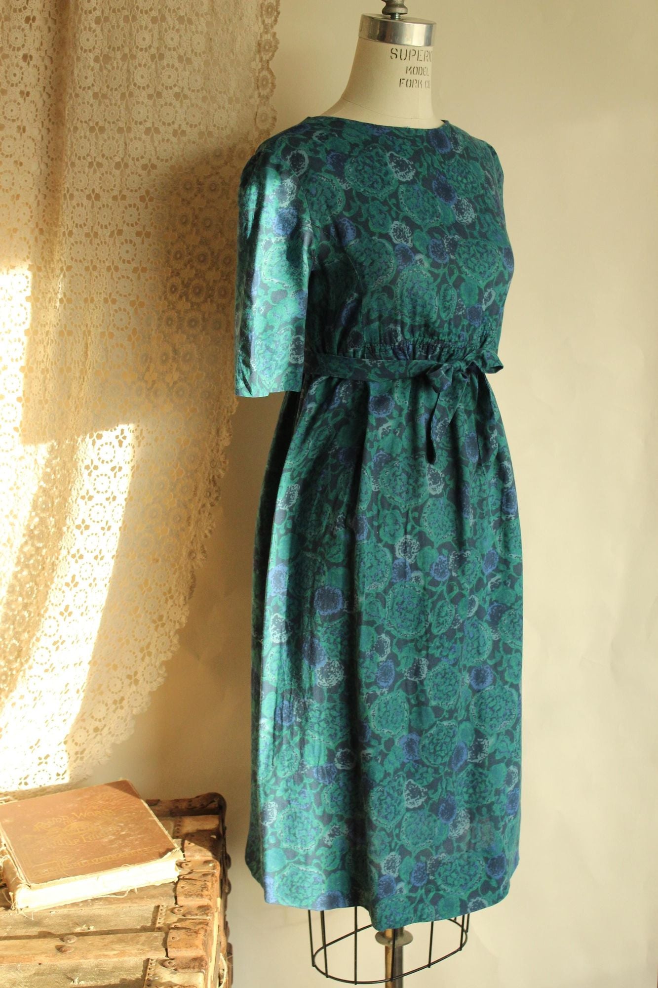 Vintage 1940s 1950s Empire Waist Green and Purple Floral Print Dress