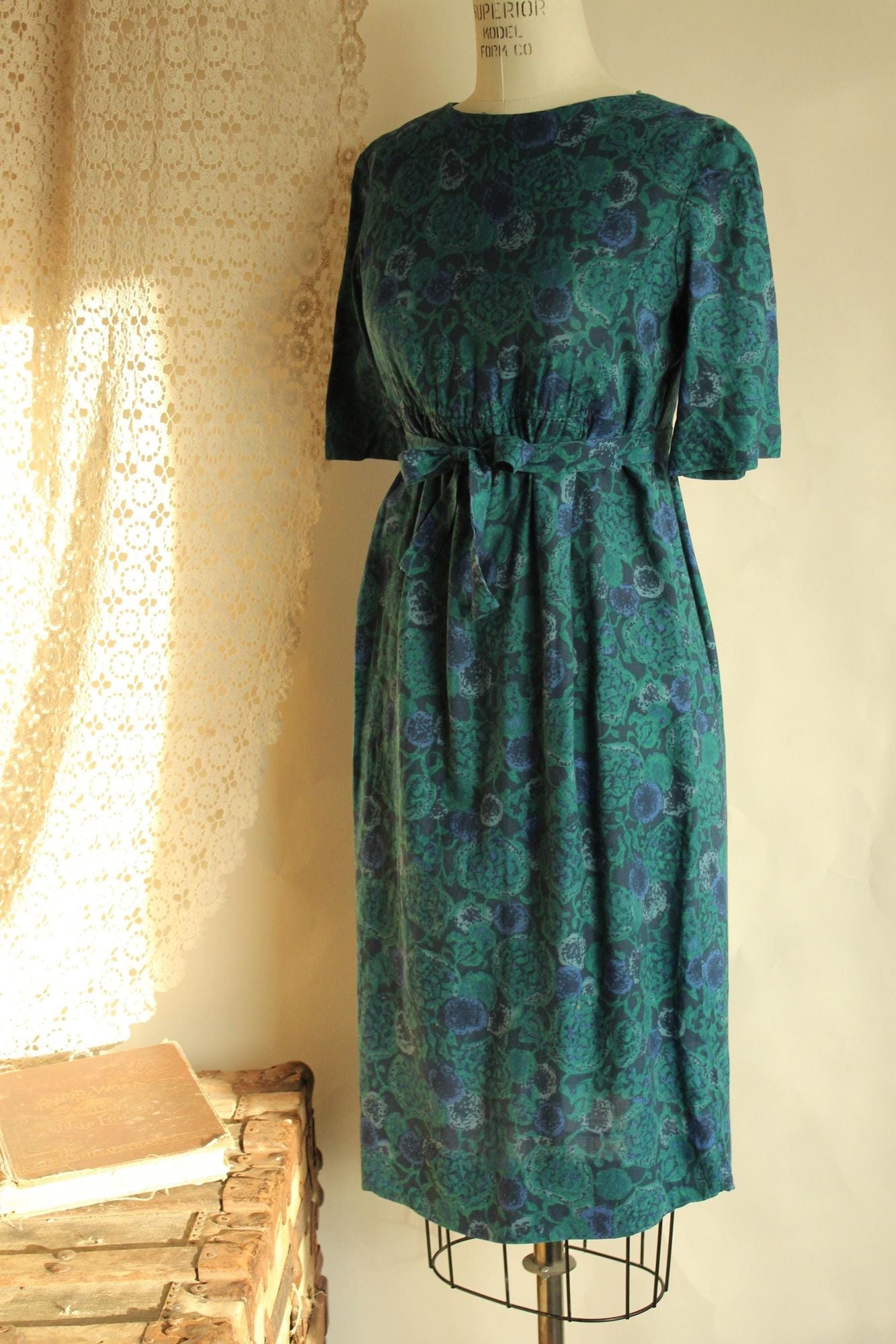 Vintage 1940s 1950s Empire Waist Green and Purple Floral Print Dress