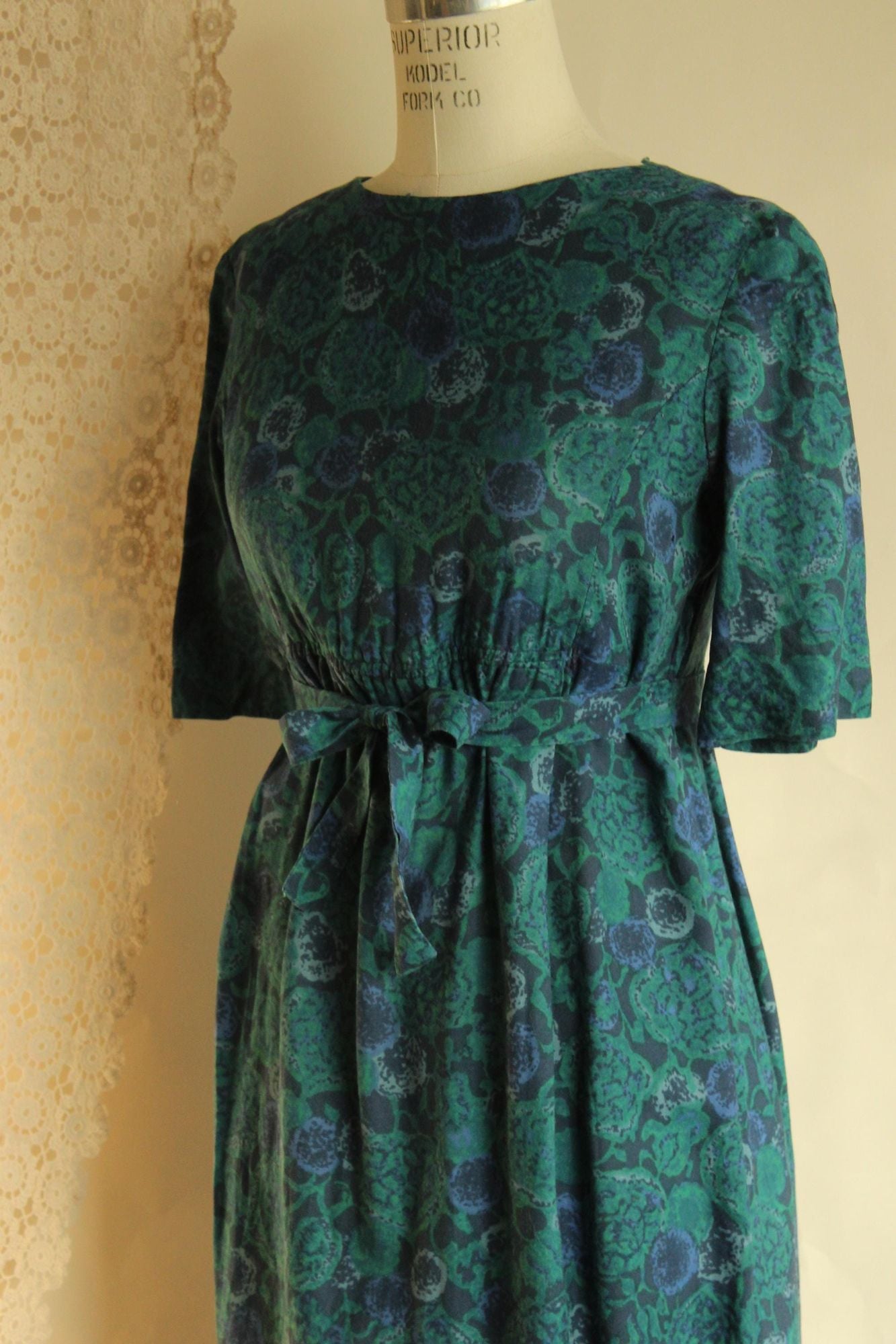 Vintage 1940s 1950s Empire Waist Green and Purple Floral Print Dress