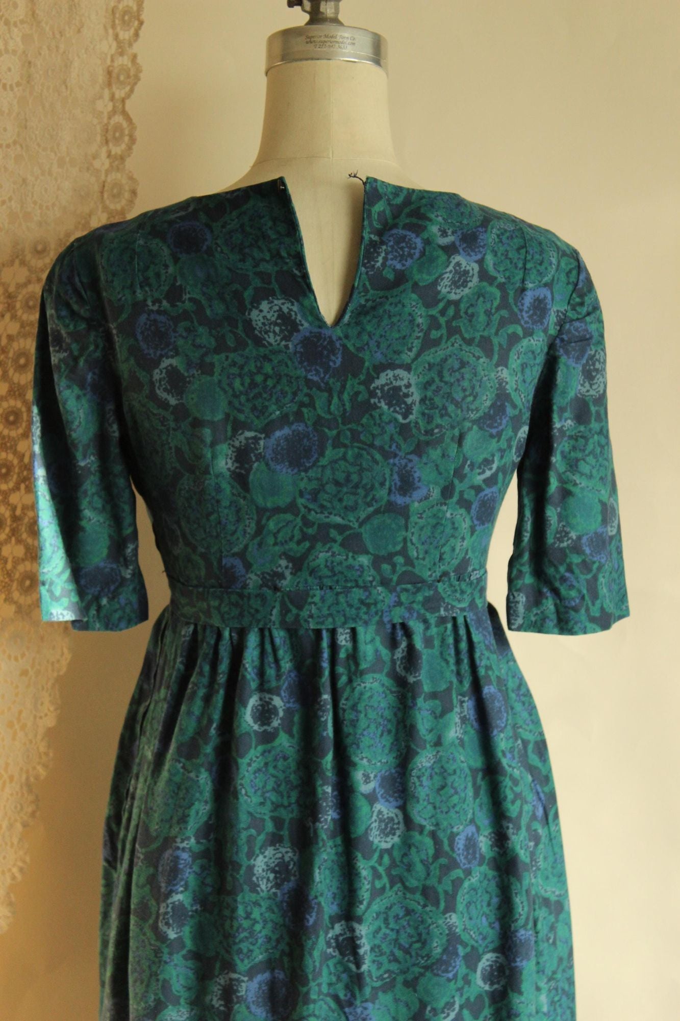 Vintage 1940s 1950s Empire Waist Green and Purple Floral Print Dress