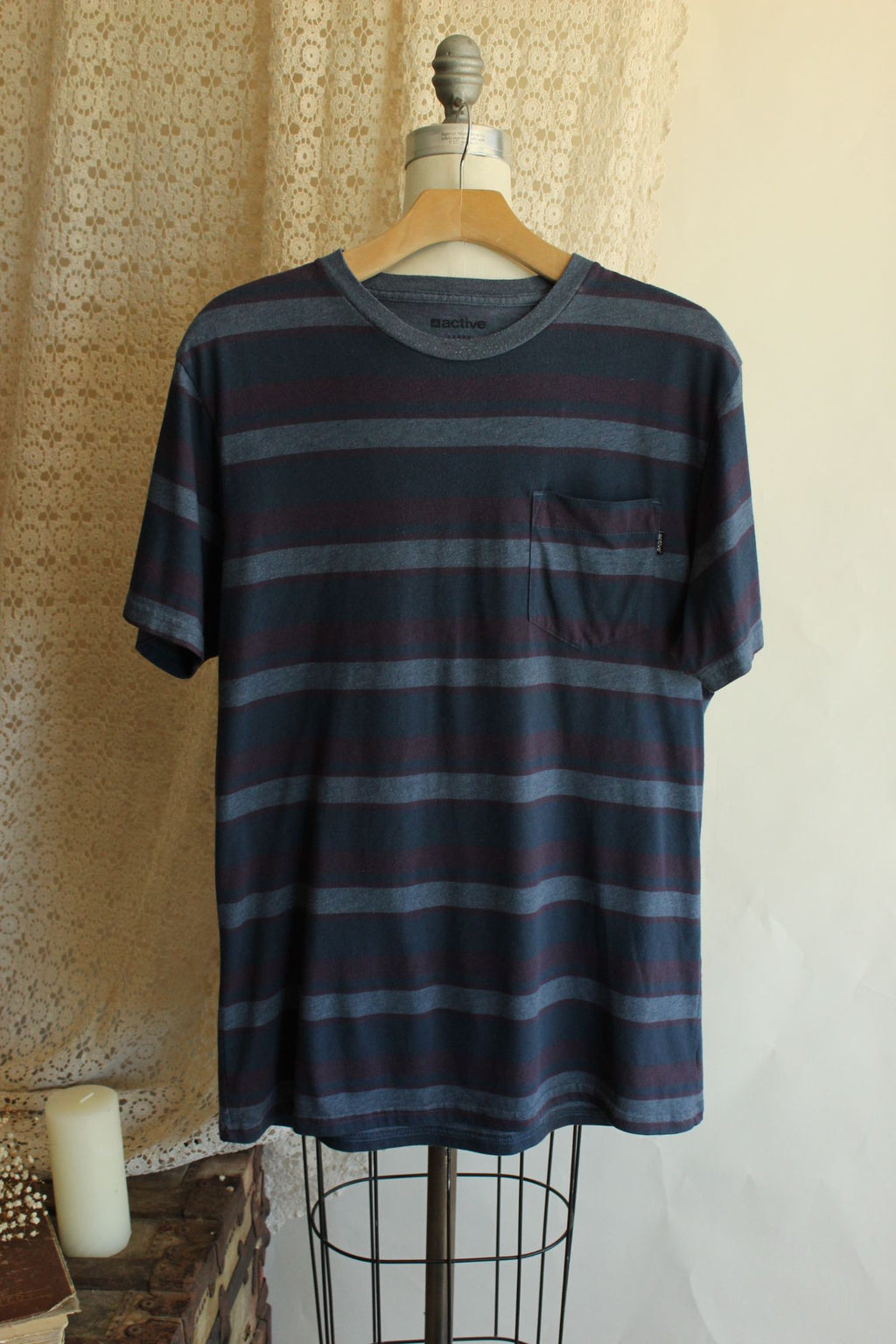 Mens Active T Shirt, Blue Red Gray Stripe, Size Large, Cotton Poly