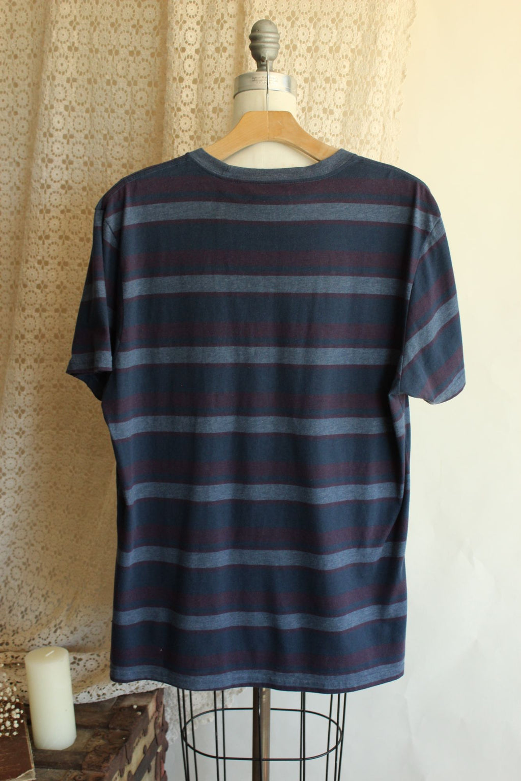 Mens Active T Shirt, Blue Red Gray Stripe, Size Large, Cotton Poly