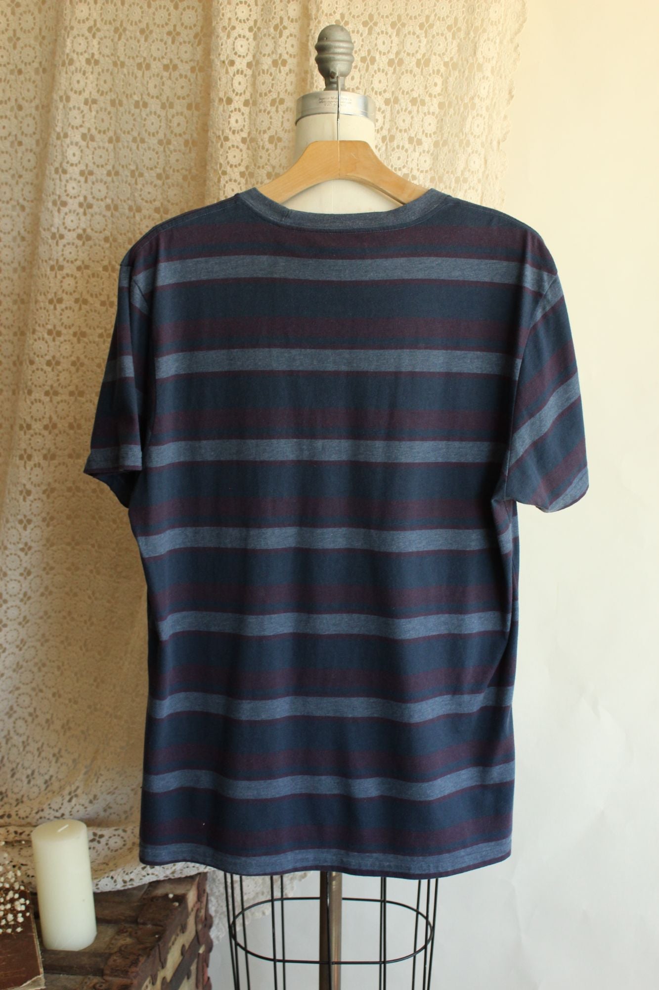 Mens Active T Shirt, Blue Red Gray Stripe, Size Large, Cotton Poly