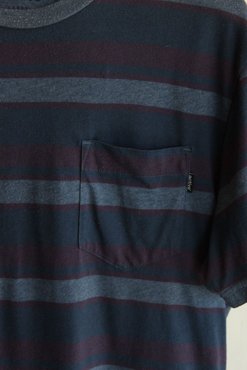 Mens Active T Shirt, Blue Red Gray Stripe, Size Large, Cotton Poly