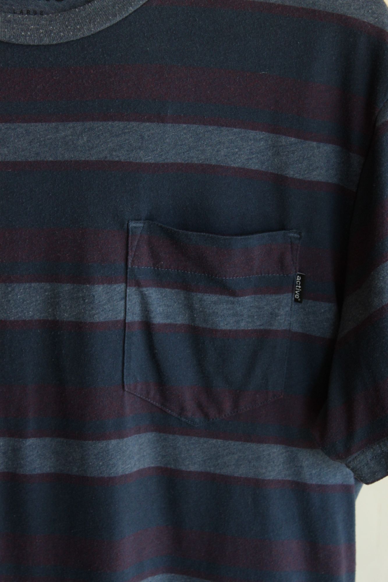 Mens Active T Shirt, Blue Red Gray Stripe, Size Large, Cotton Poly