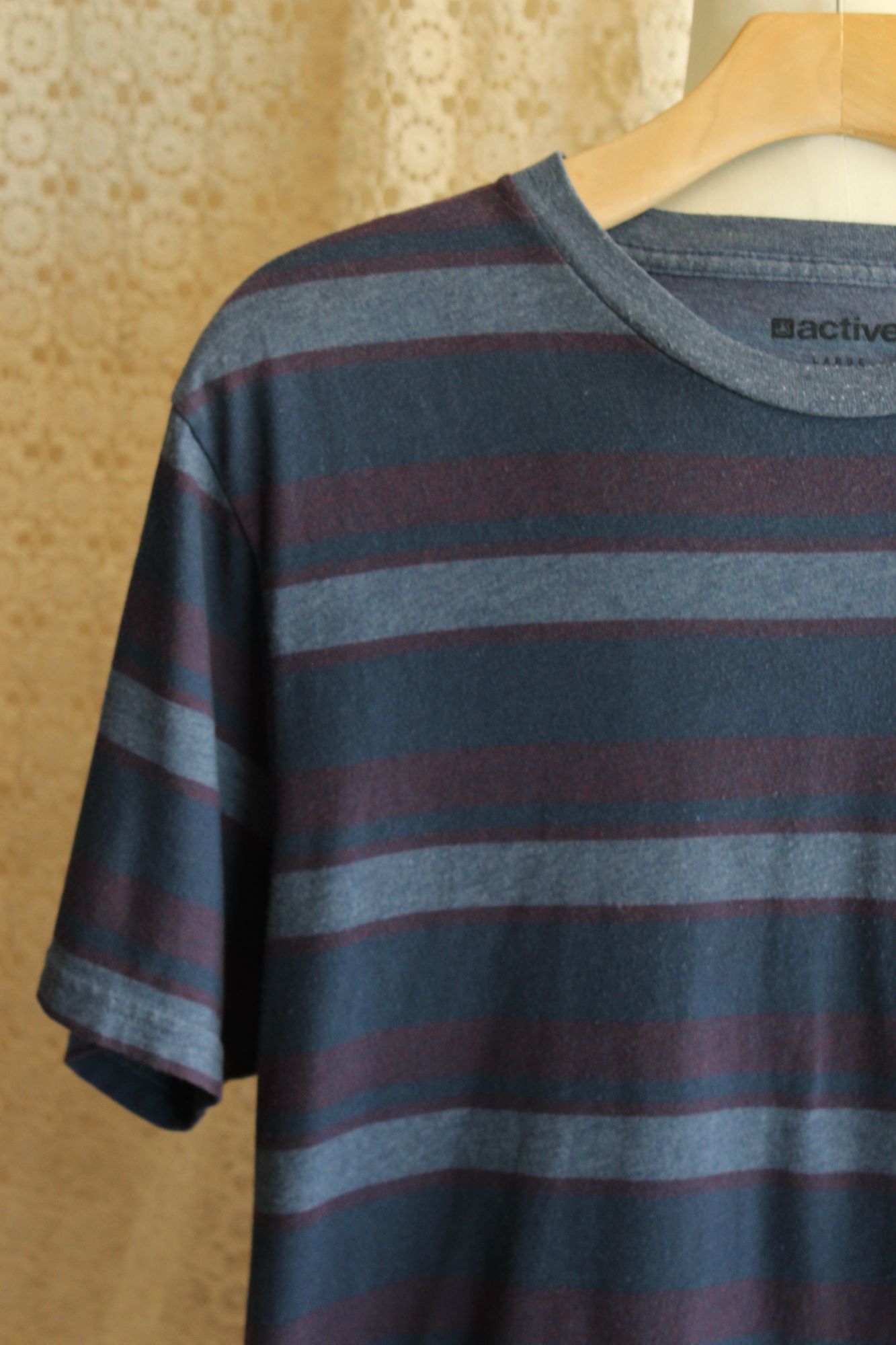 Mens Active T Shirt, Blue Red Gray Stripe, Size Large, Cotton Poly