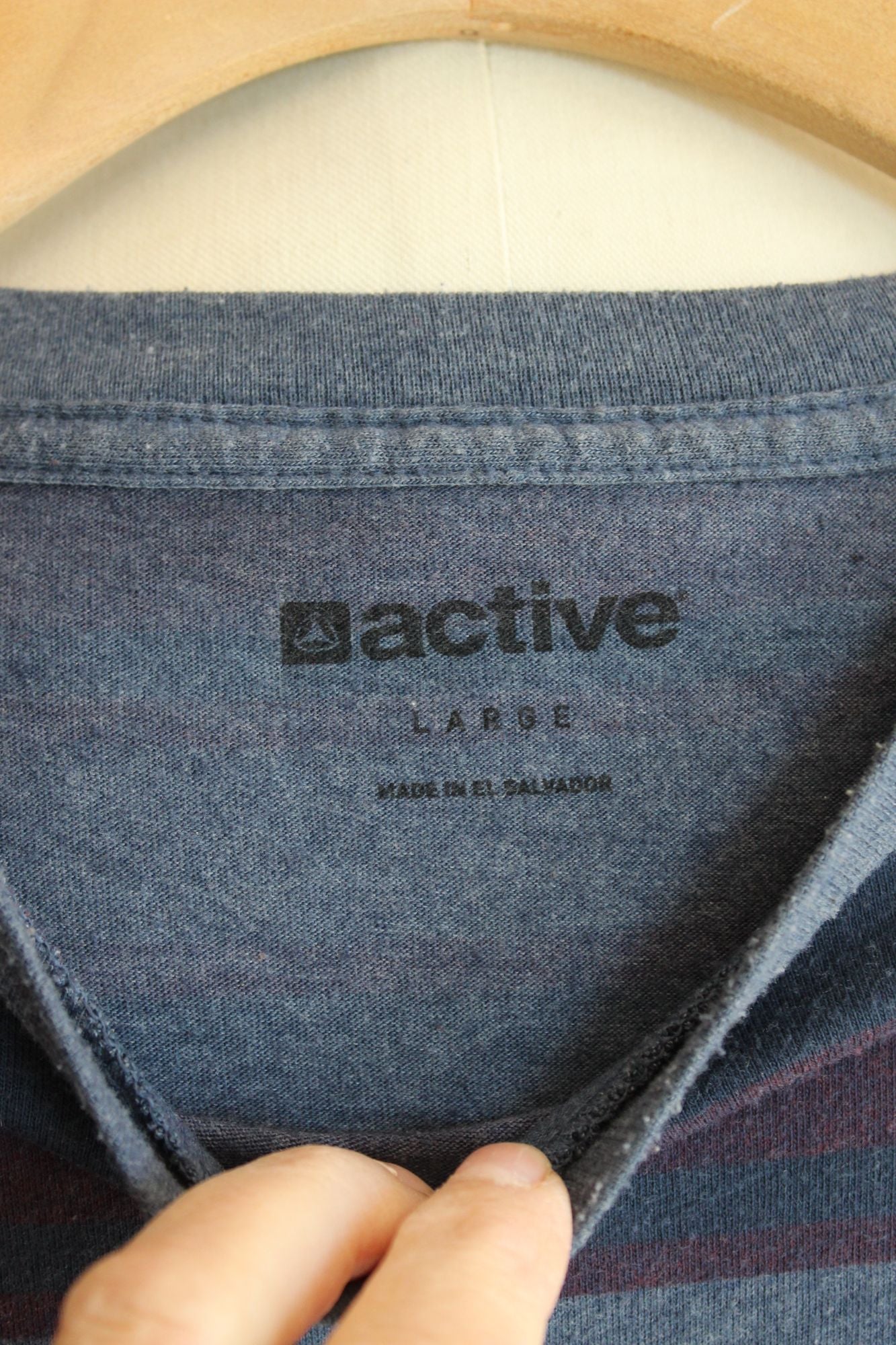Mens Active T Shirt, Blue Red Gray Stripe, Size Large, Cotton Poly