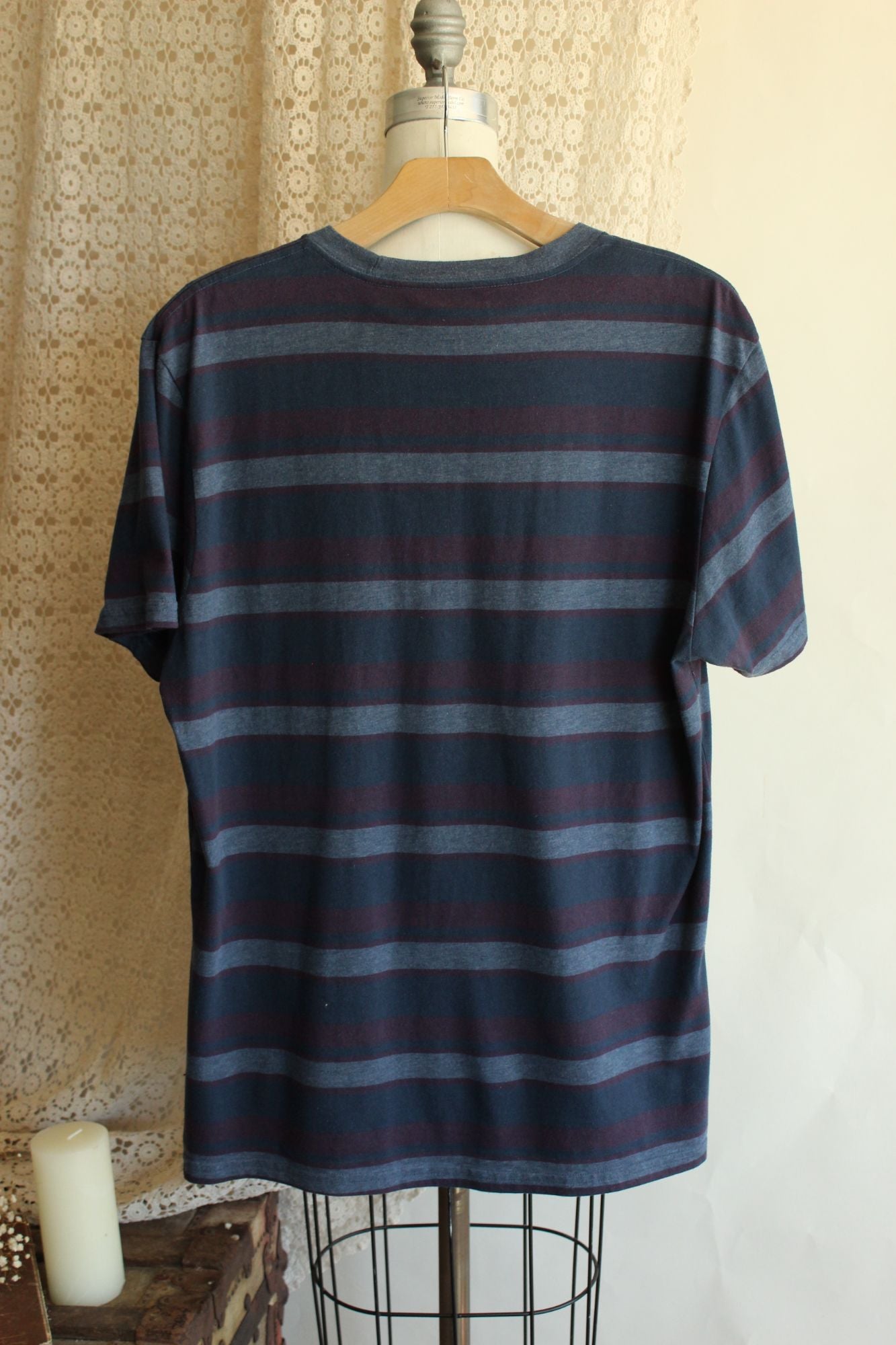 Mens Active T Shirt, Blue Red Gray Stripe, Size Large, Cotton Poly