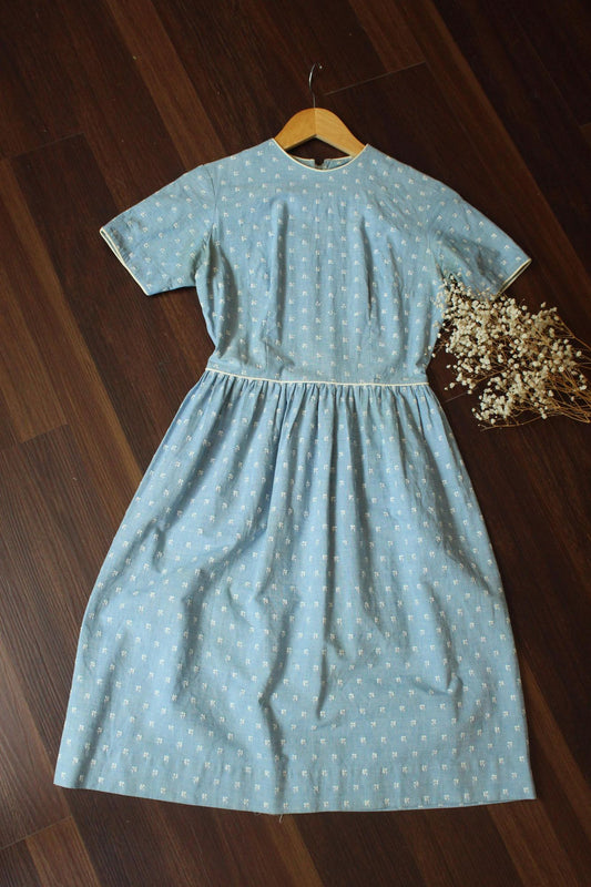Vintage 1950s 1960s Chambray Blue Dress with Embroidered White Flowers