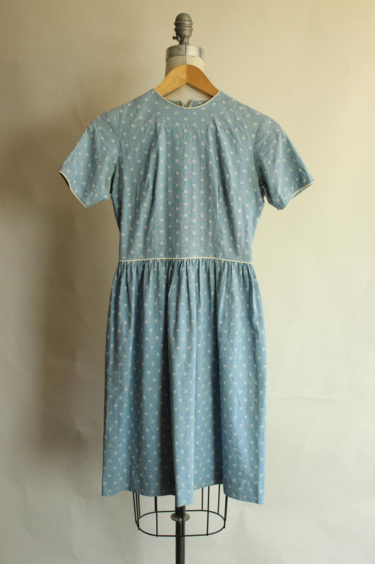 Vintage 1950s 1960s Chambray Blue Dress with Embroidered White Flowers