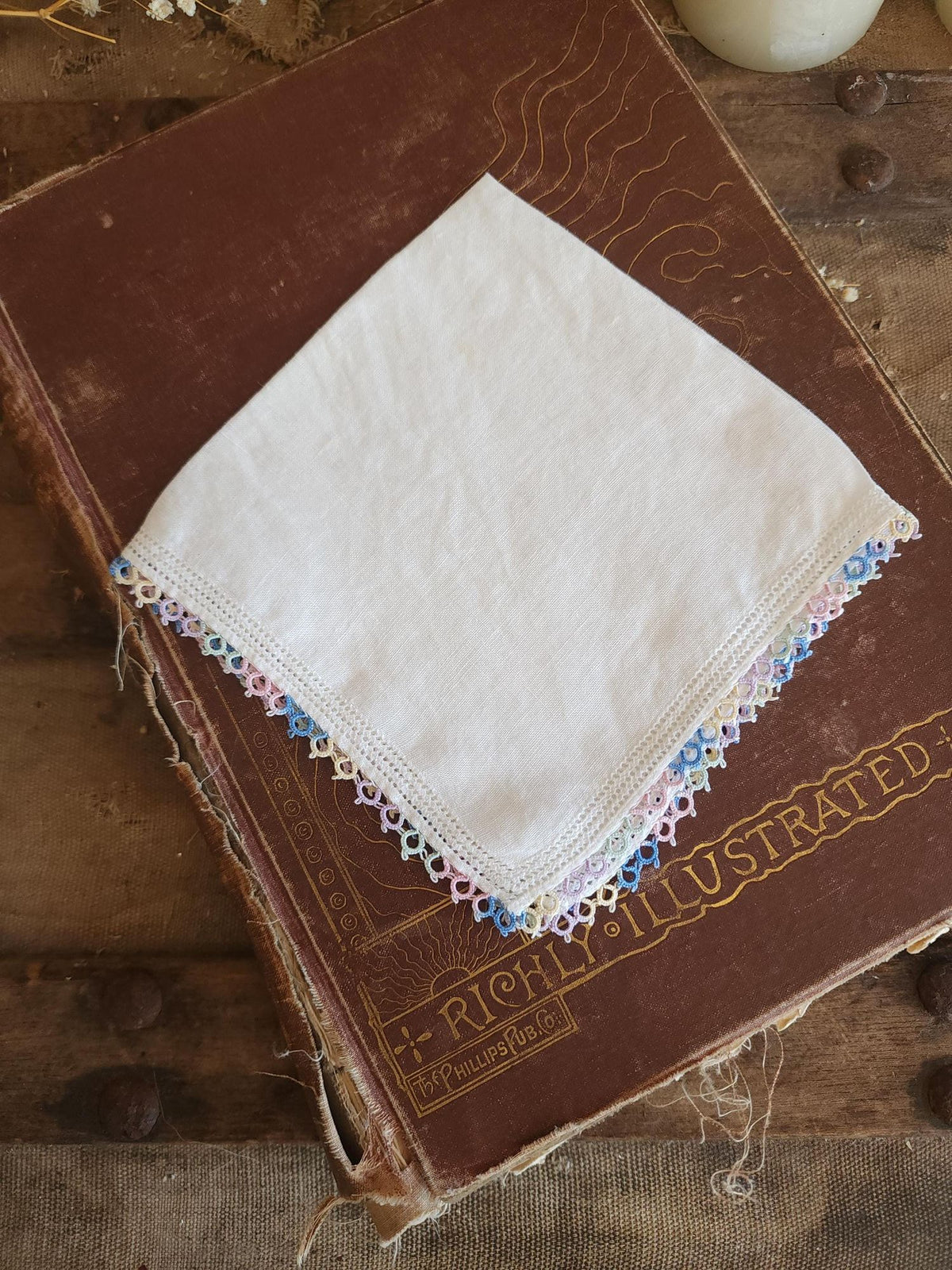 Vintage 1950s Pastel Tatted Lace Edge Handkerchief in White Linen
