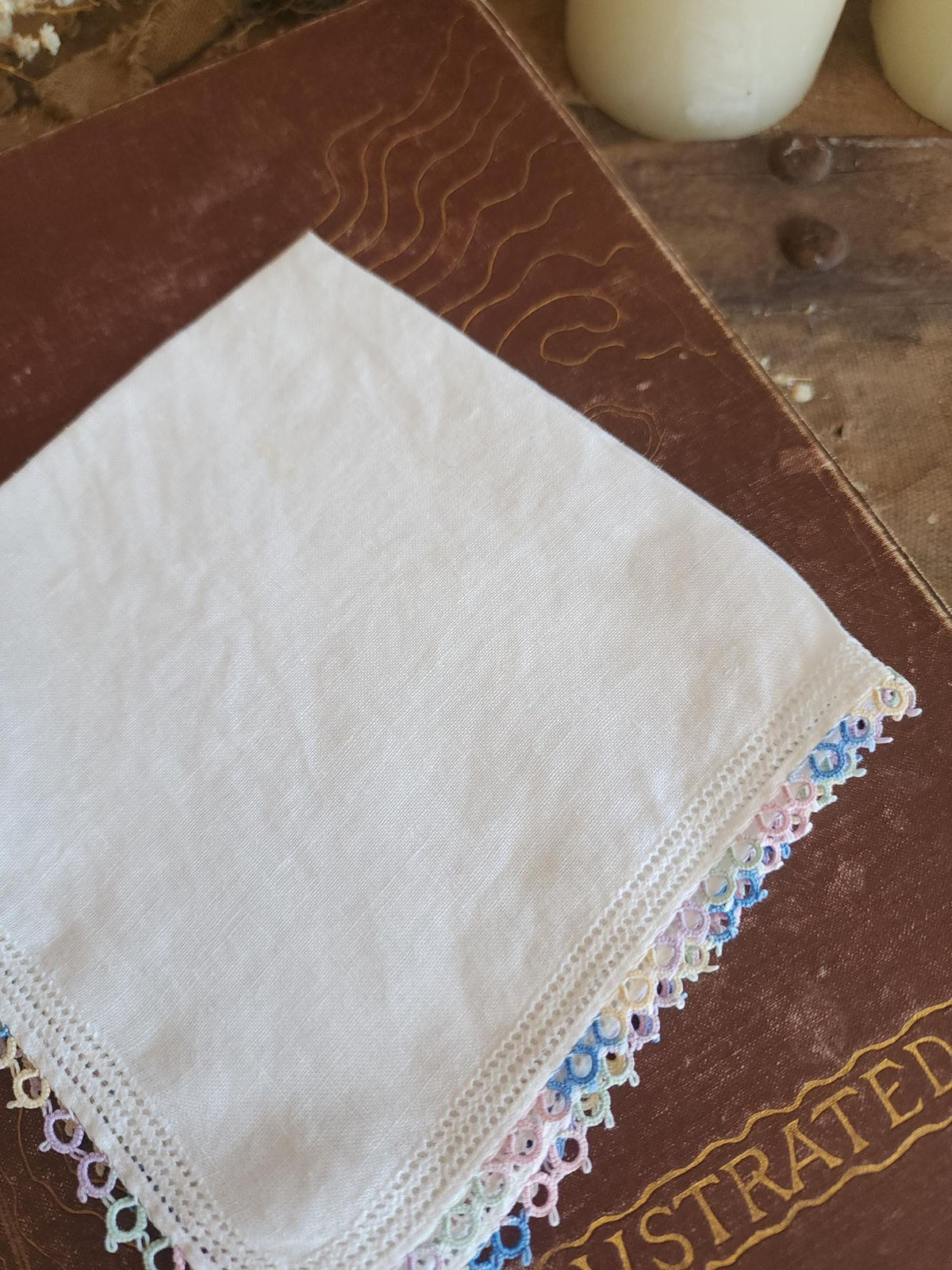 Vintage 1950s Pastel Tatted Lace Edge Handkerchief in White Linen