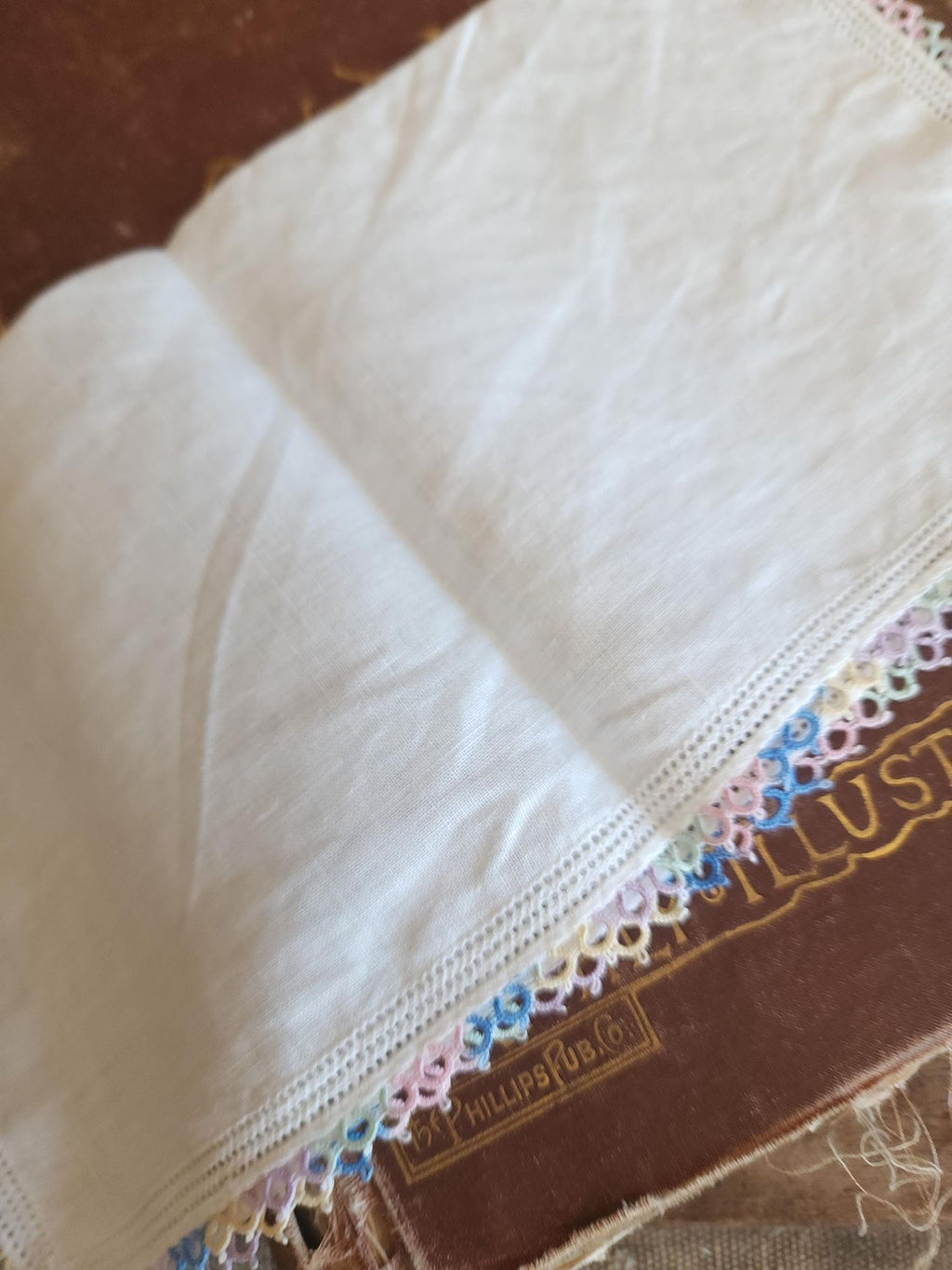 Vintage 1950s Pastel Tatted Lace Edge Handkerchief in White Linen