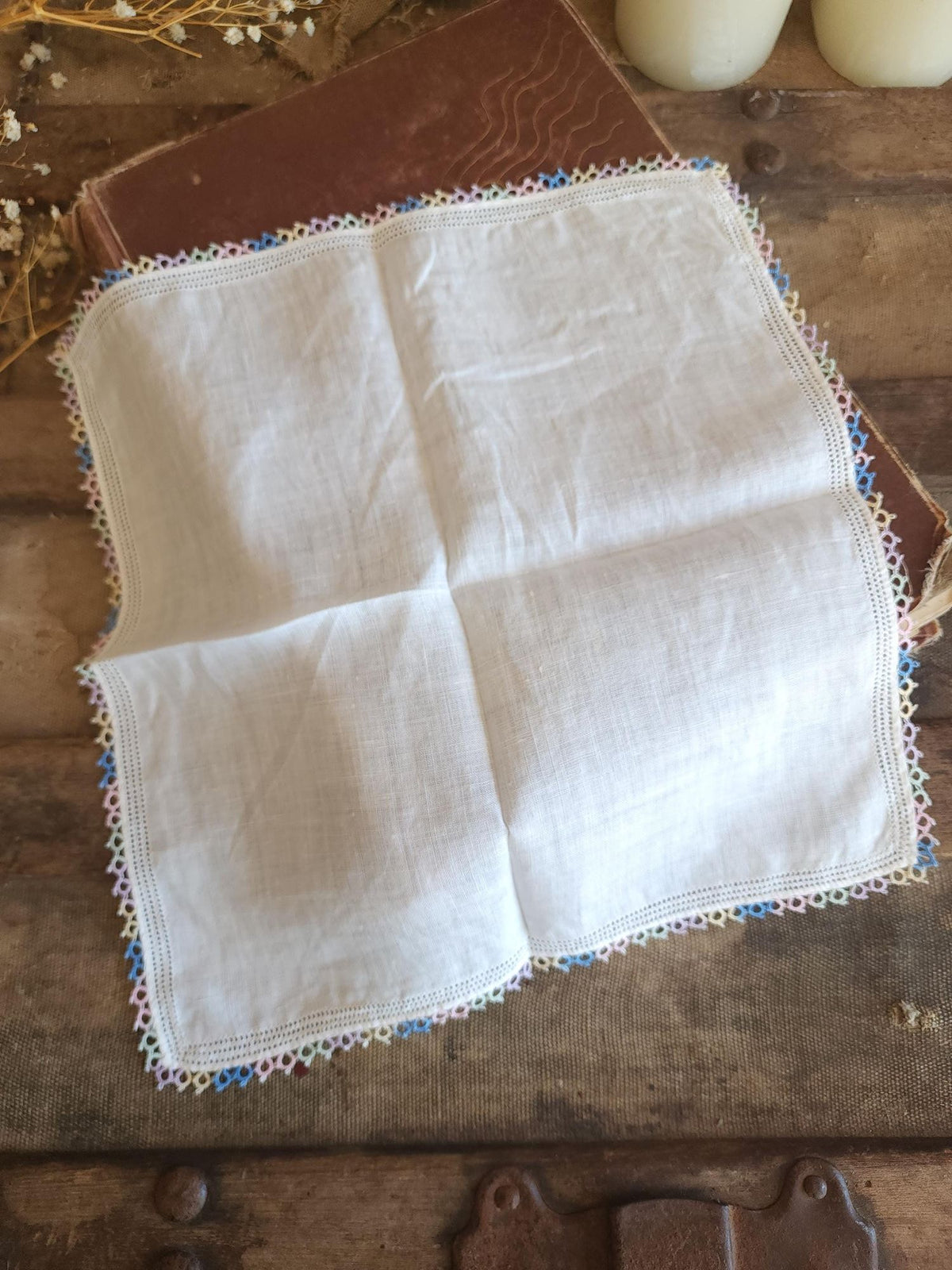 Vintage 1950s Pastel Tatted Lace Edge Handkerchief in White Linen