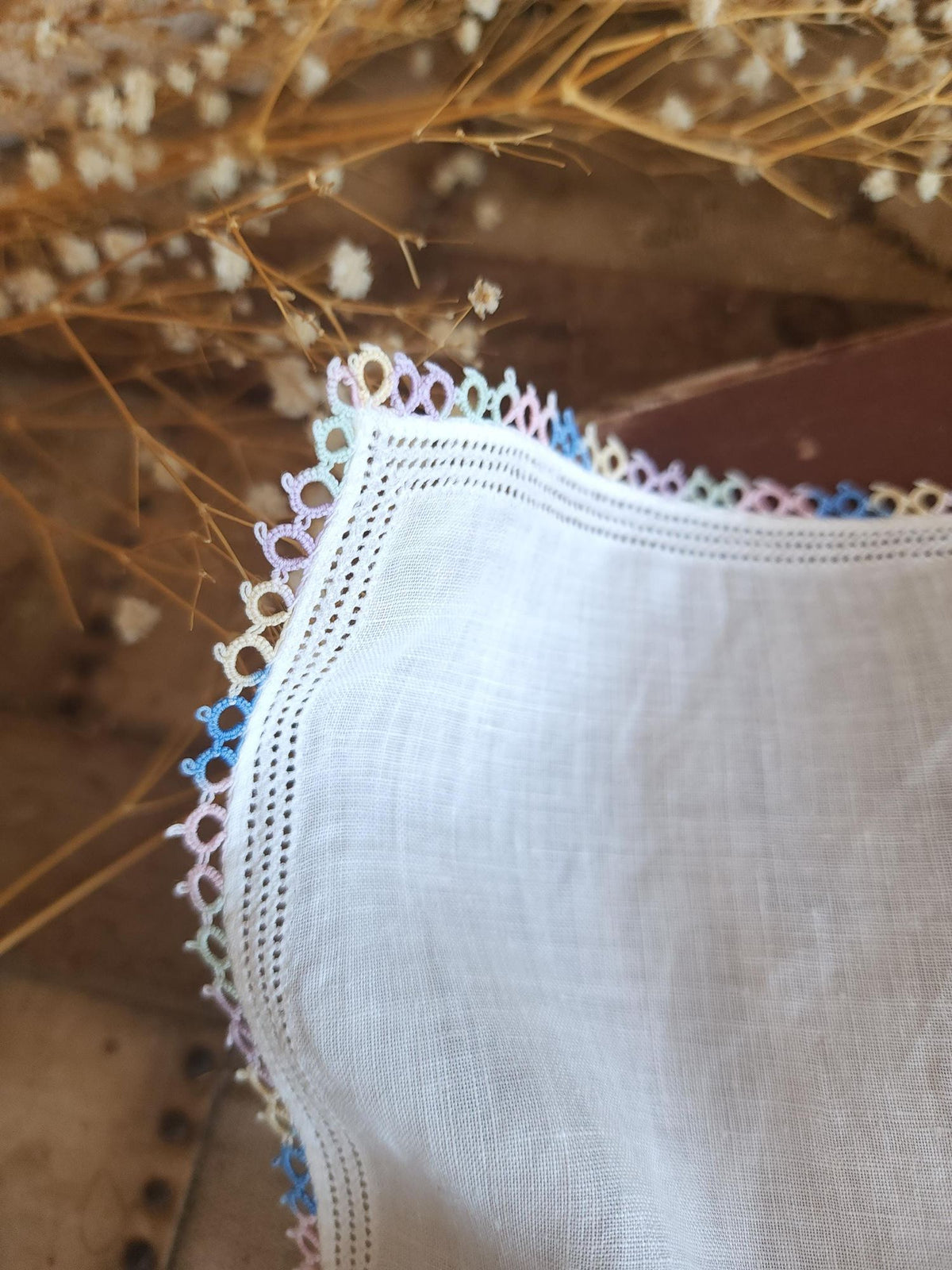 Vintage 1950s Pastel Tatted Lace Edge Handkerchief in White Linen