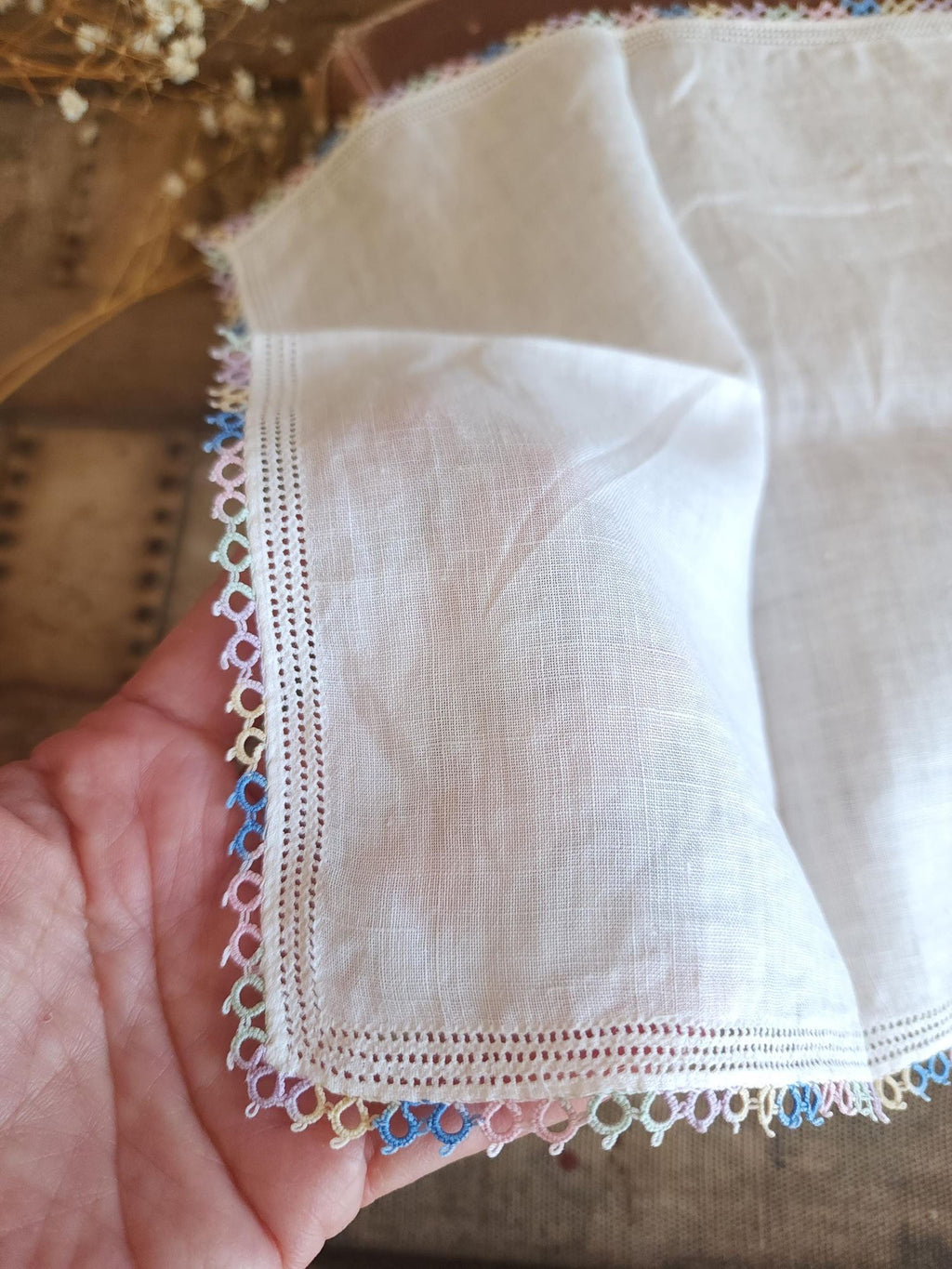 Vintage 1950s Pastel Tatted Lace Edge Handkerchief in White Linen