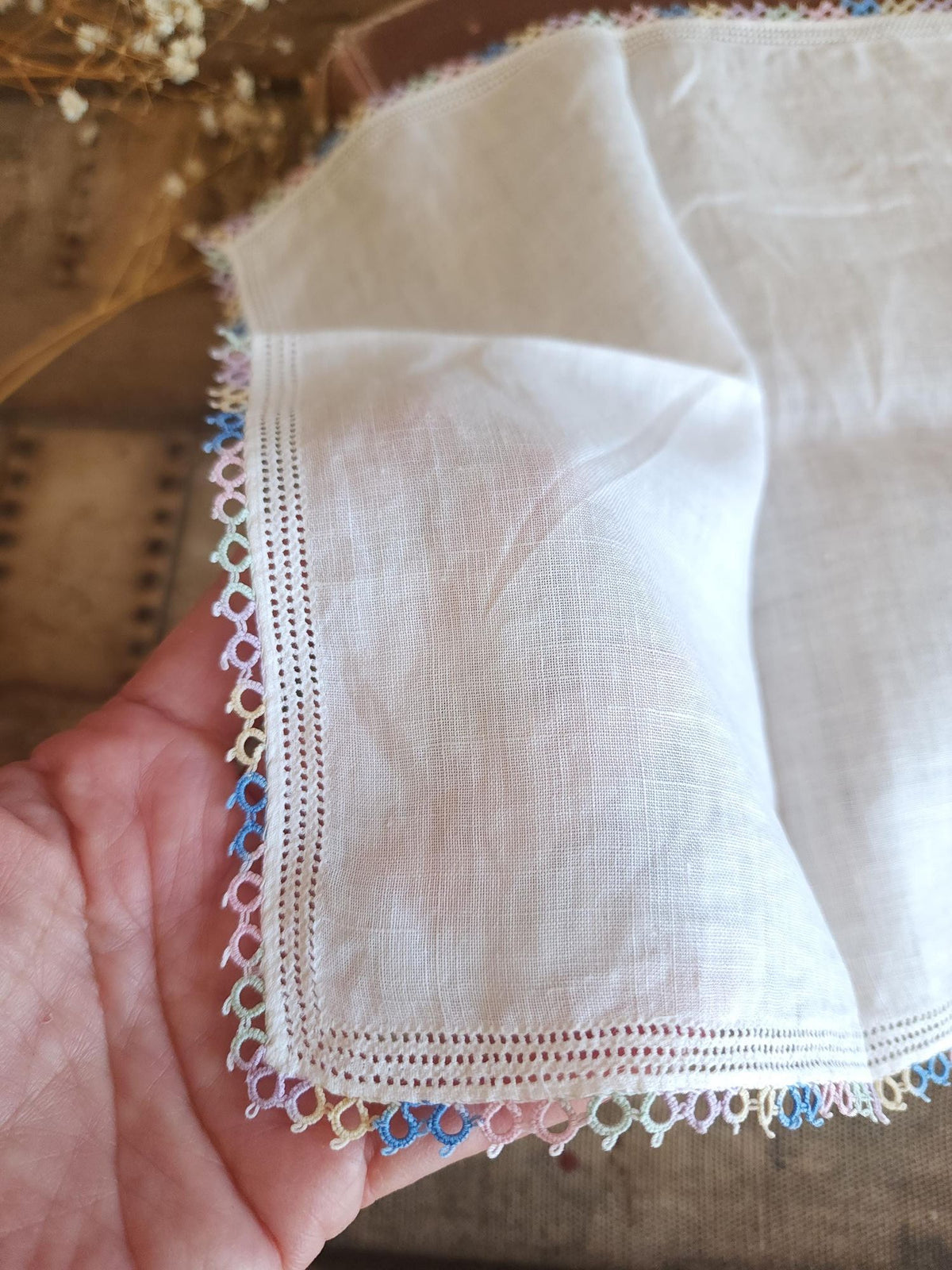 Vintage 1950s Pastel Tatted Lace Edge Handkerchief in White Linen